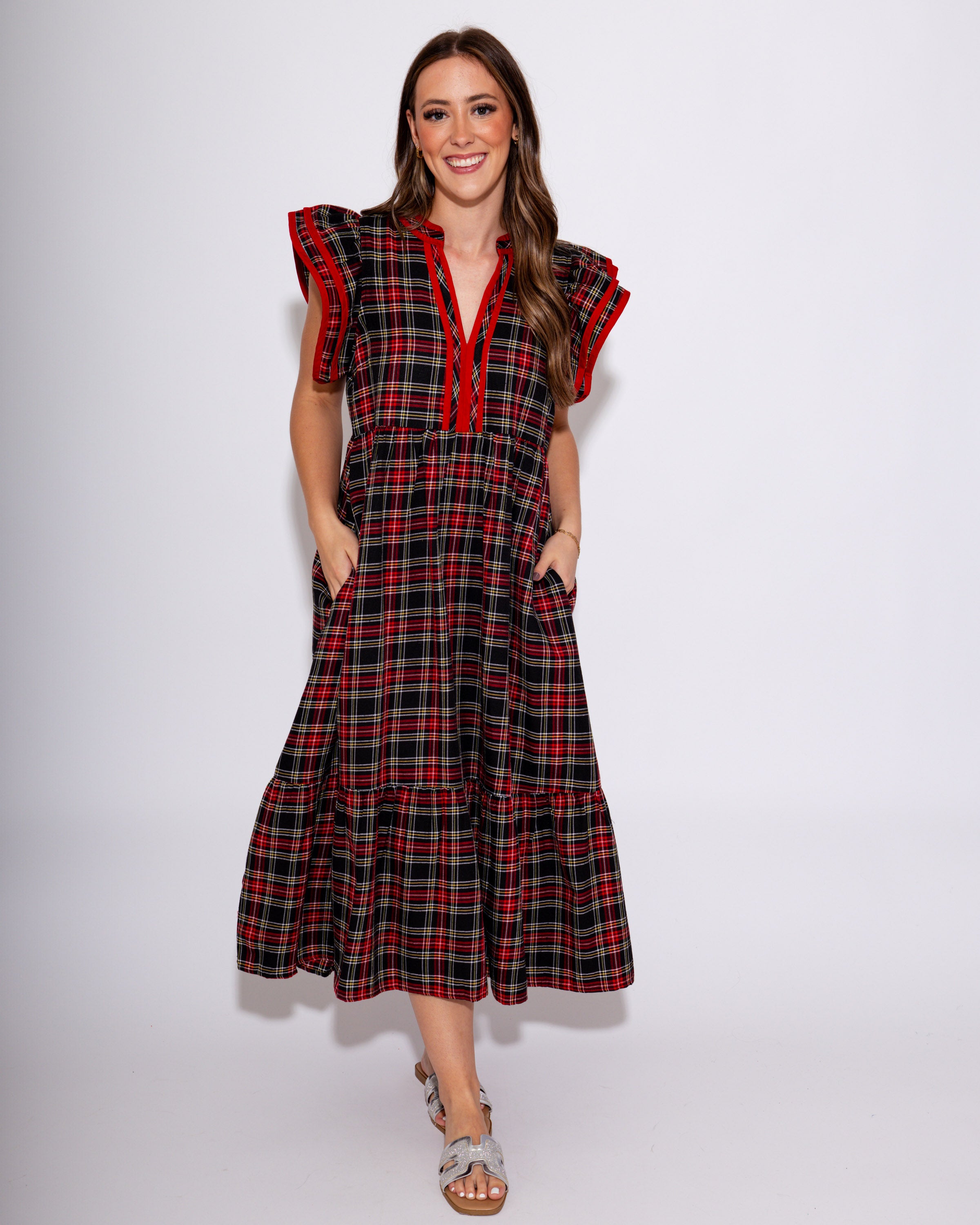 Plaid Flutter Sleeve Midi Dress