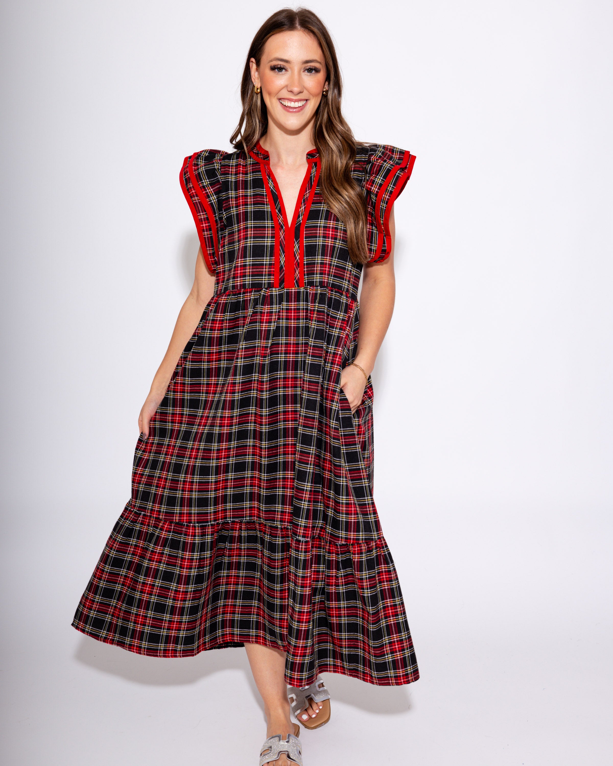 Plaid Flutter Sleeve Midi Dress
