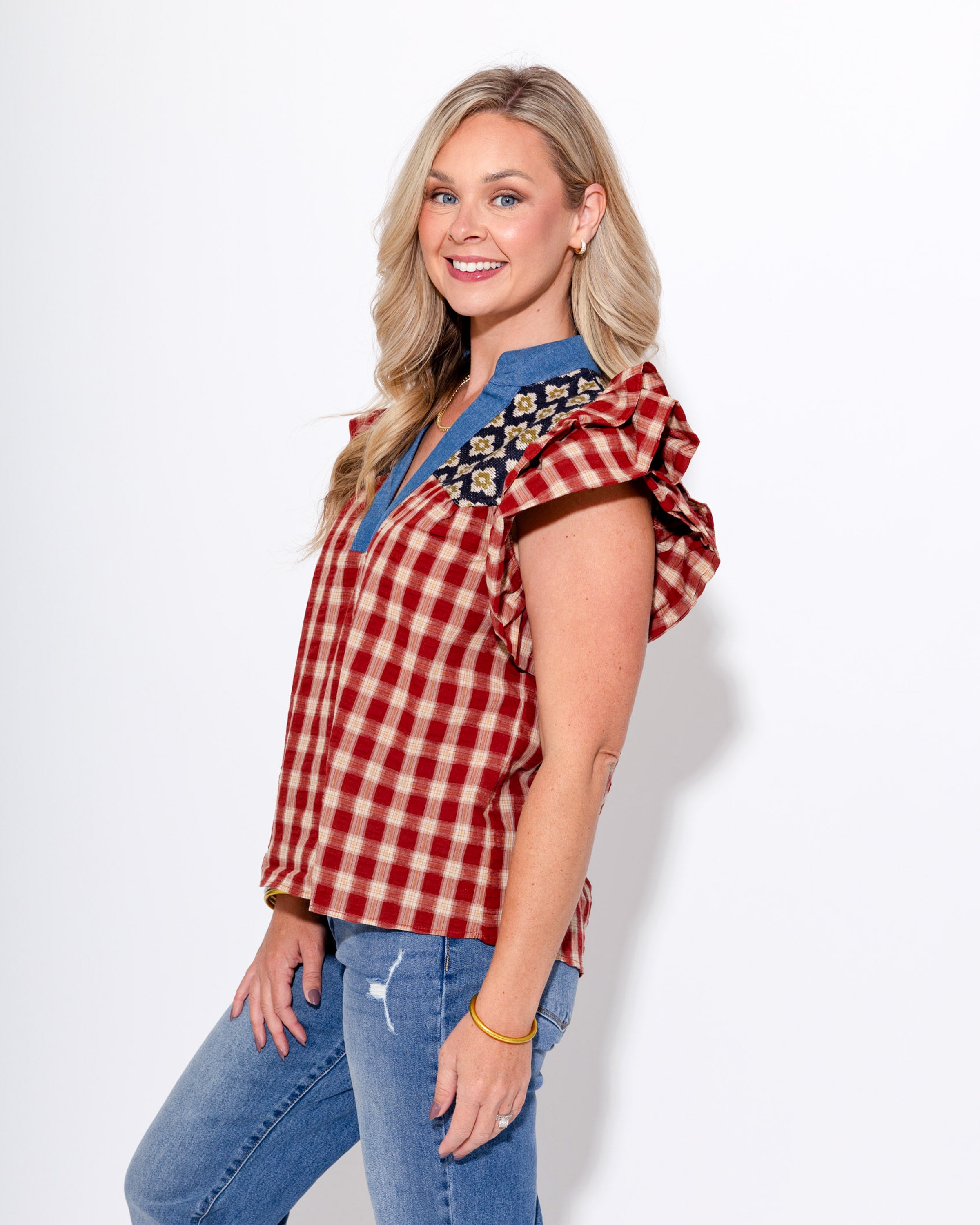 Mixed Print Flutter Sleeve Top