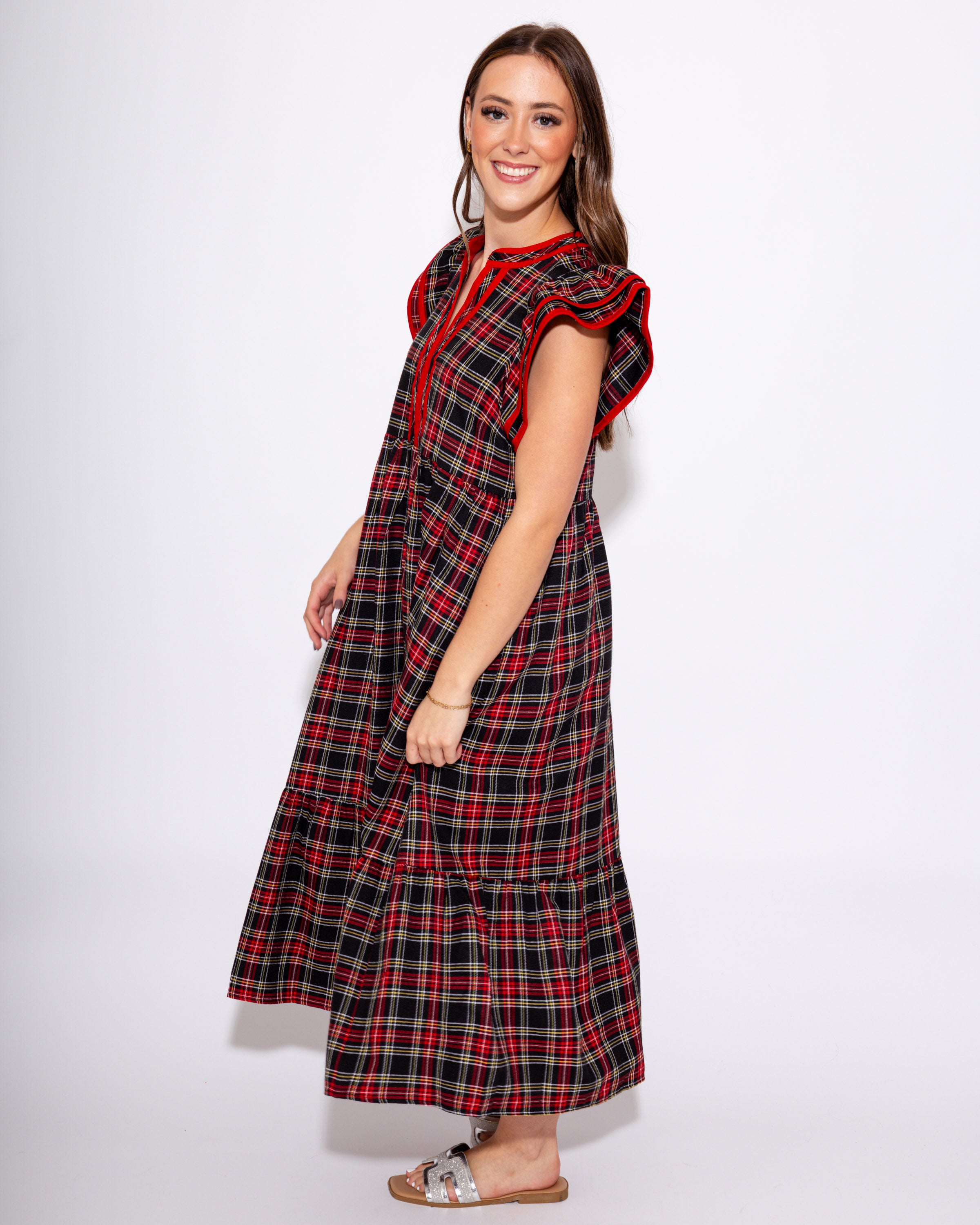 Plaid Flutter Sleeve Midi Dress