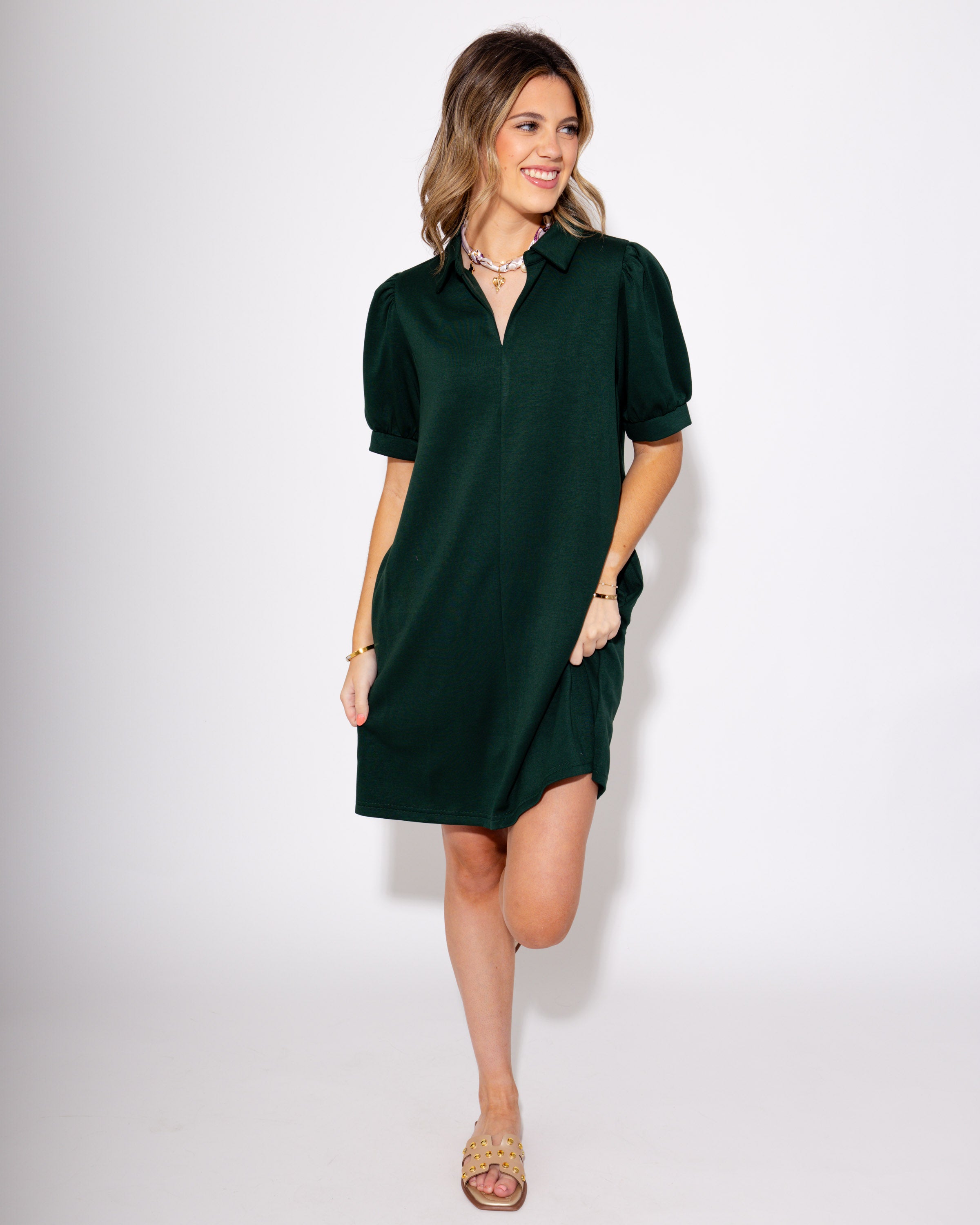 Hunter Green Lane Split Neck Short Sleeve Mini Dress