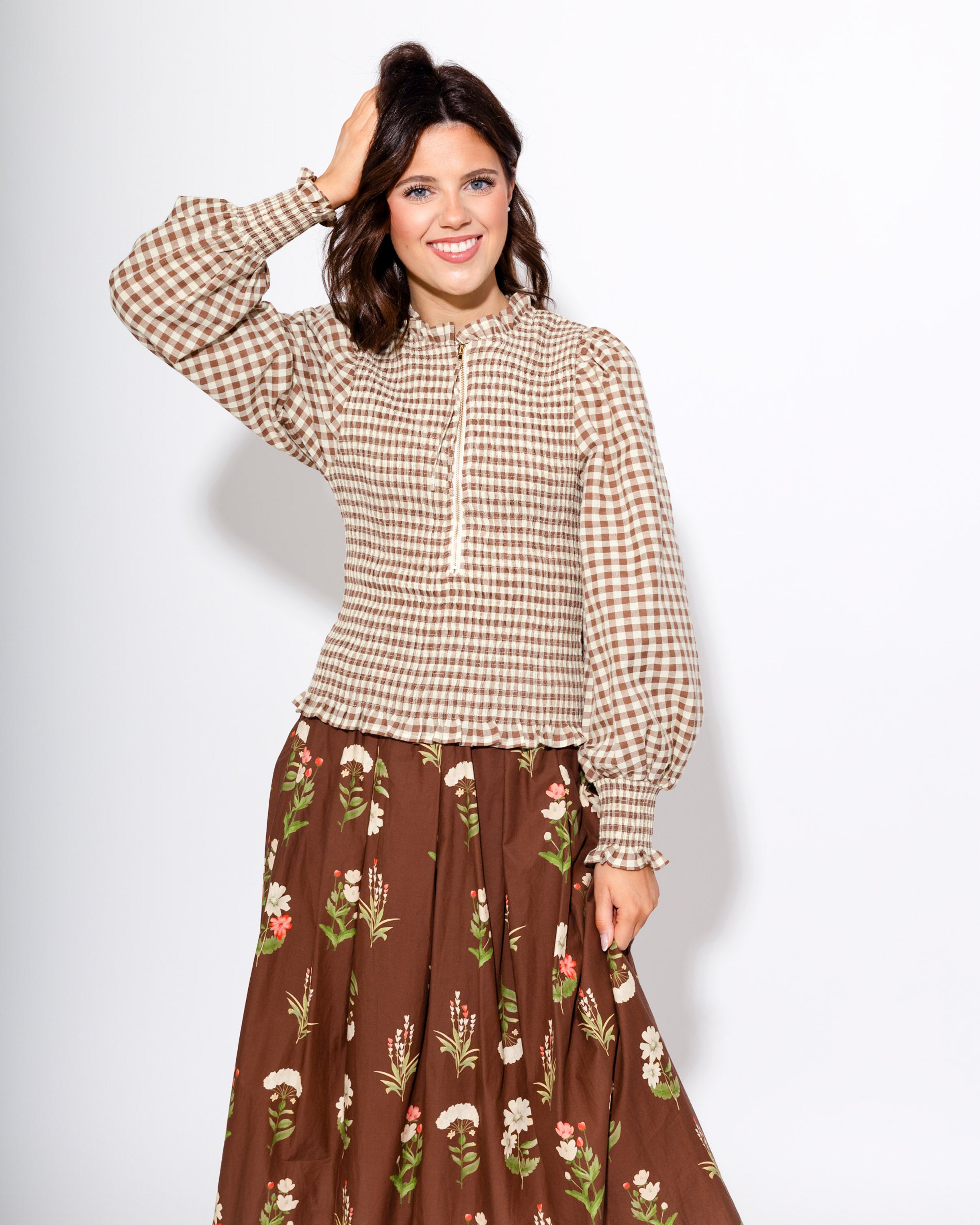 Gingham Glow Zip Front Top