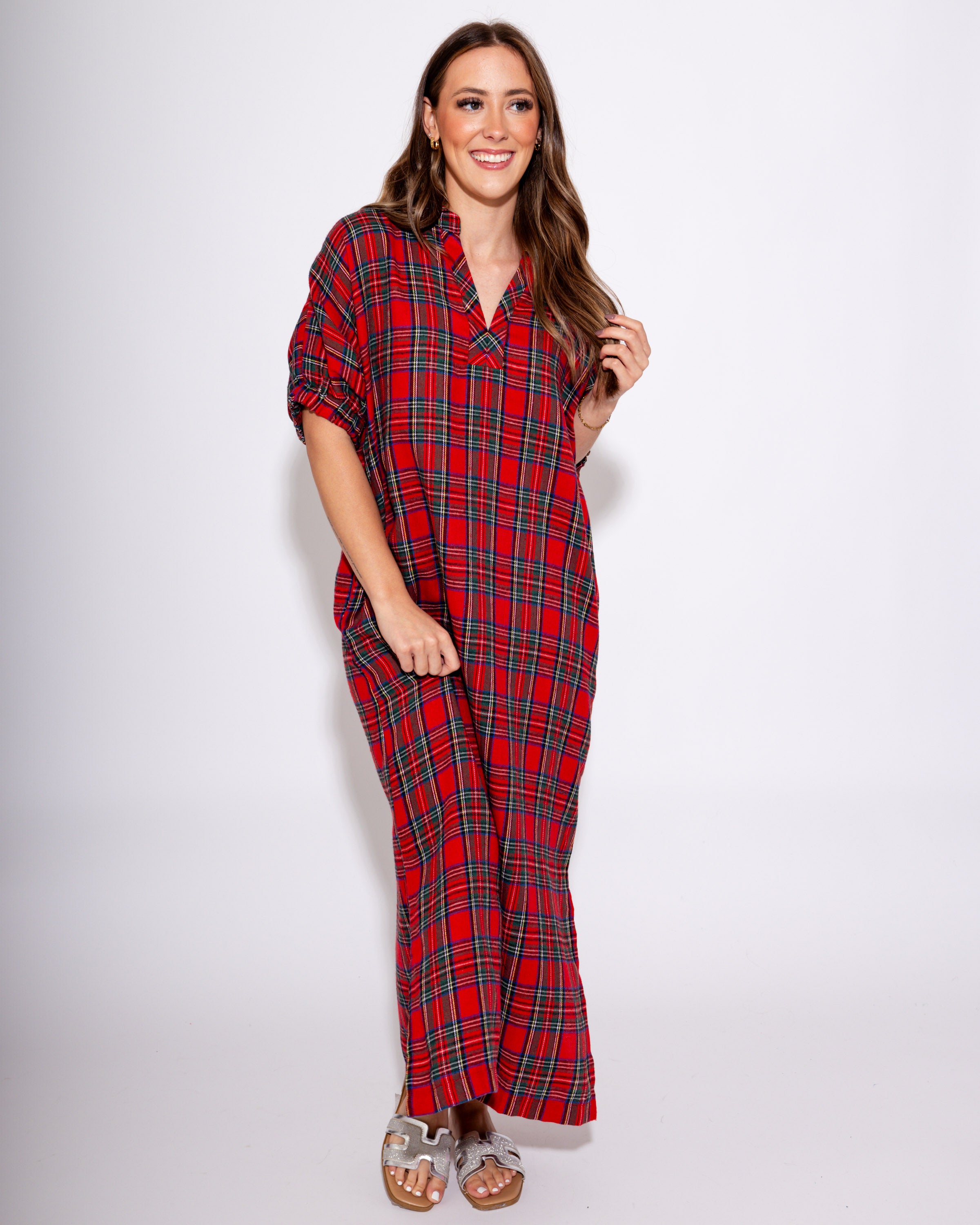 Red Plaid Midi Dress