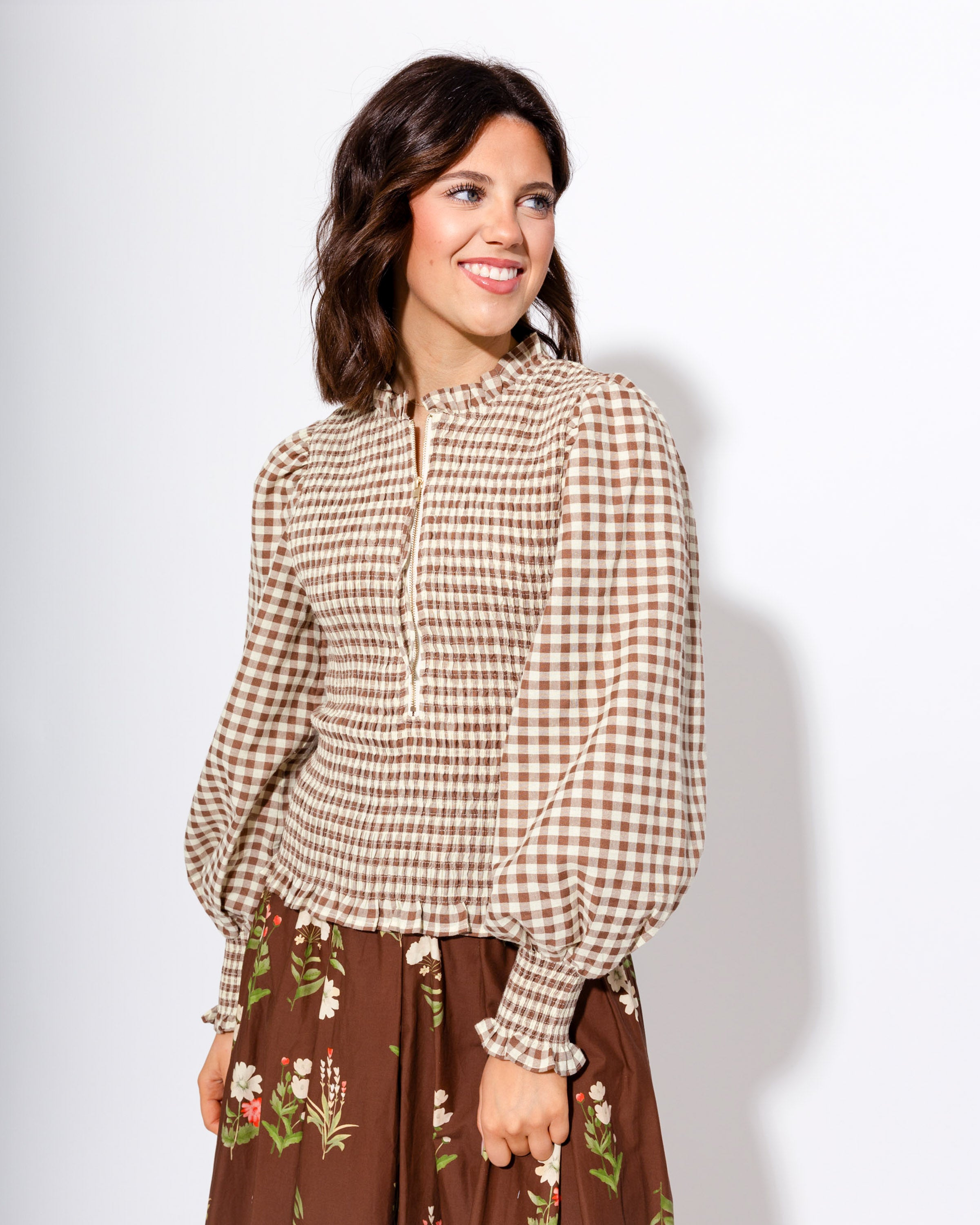 Gingham Glow Zip Front Top