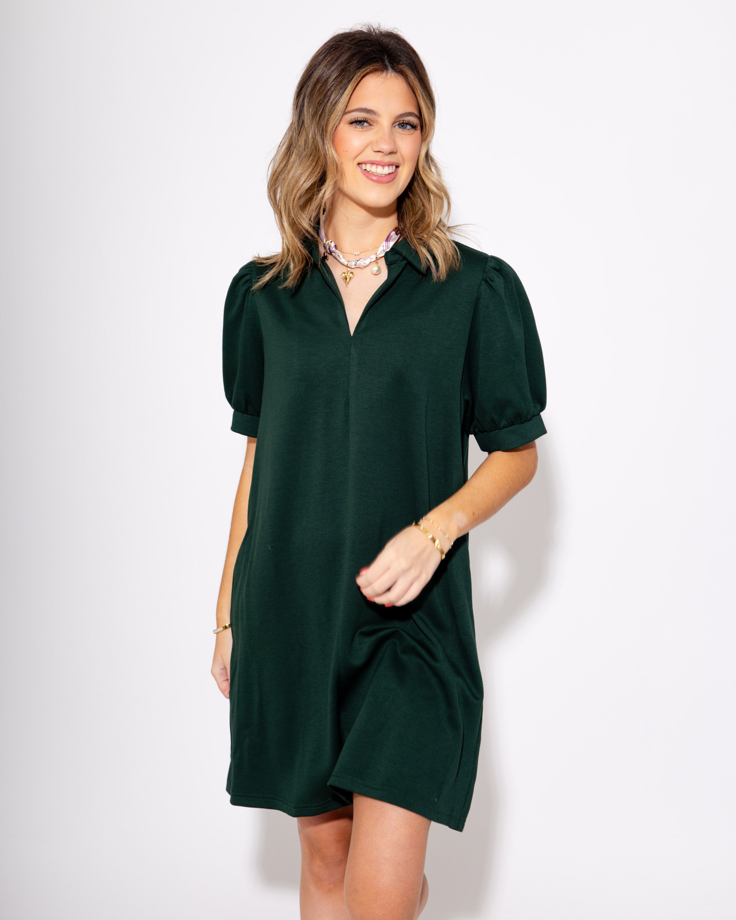 Hunter Green Lane Split Neck Short Sleeve Mini Dress