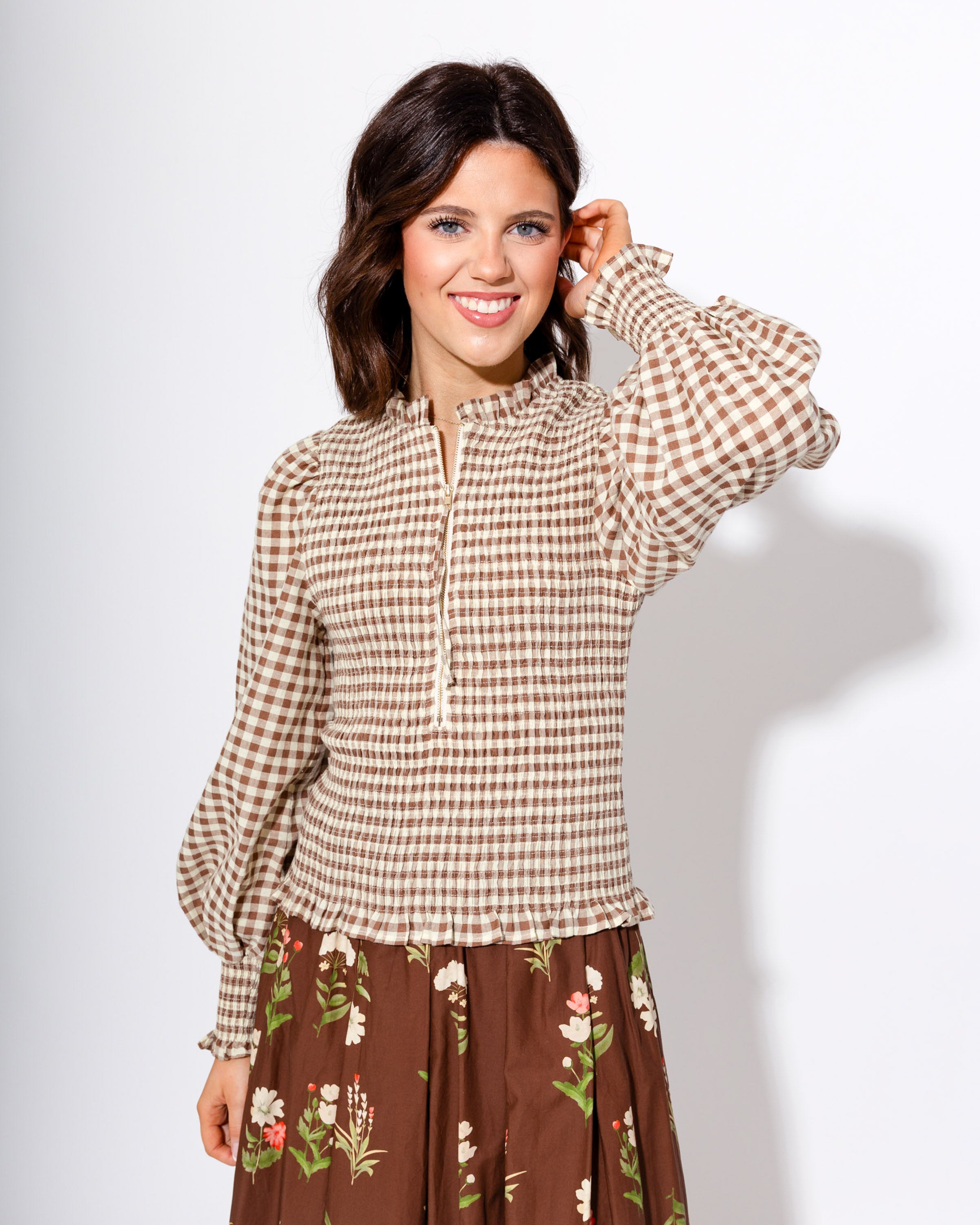 Gingham Glow Zip Front Top