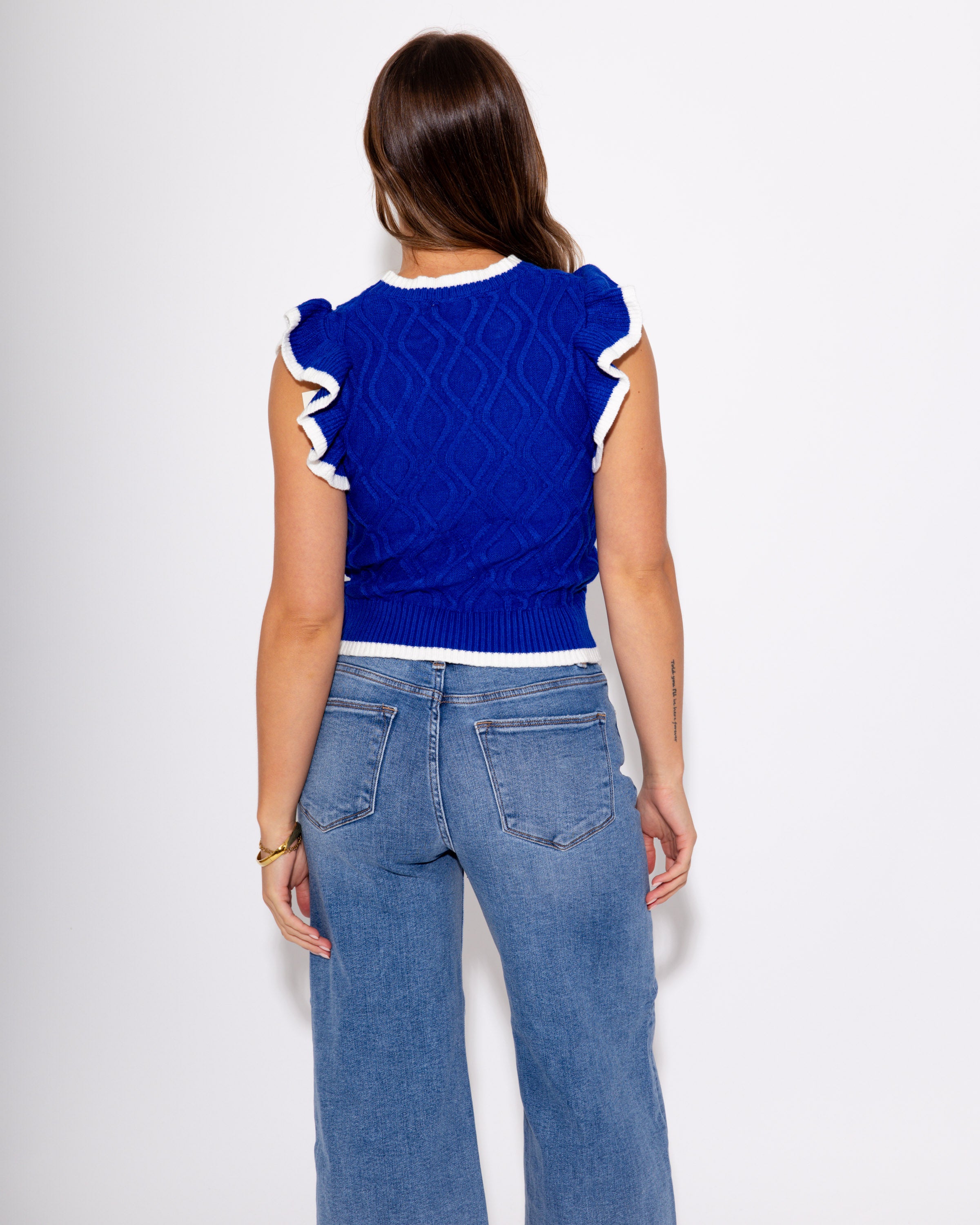 Contrast Ruffle Sleeve Cable Sweater Top in Blue