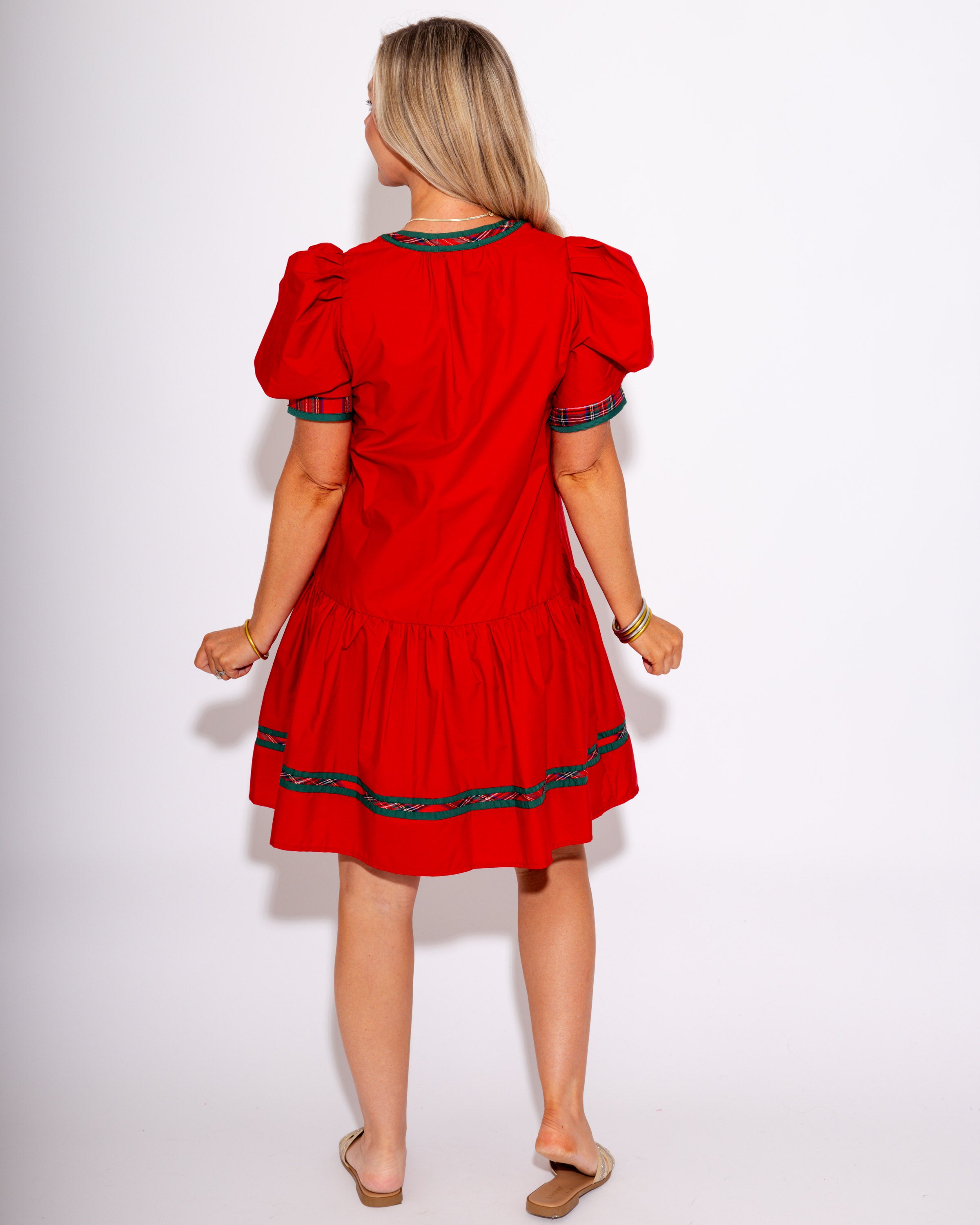 Festive Plaid Trim Mini Dress