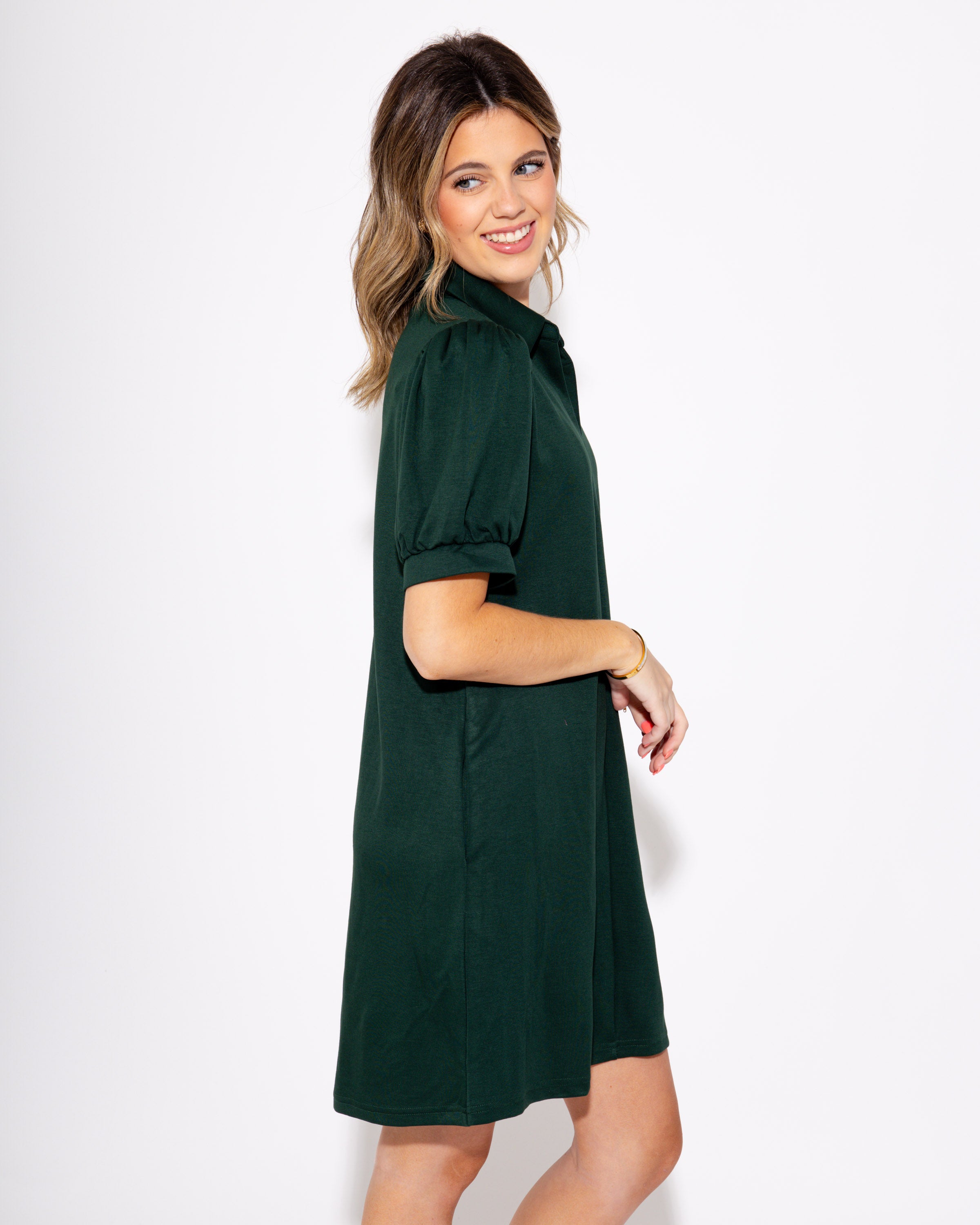 Hunter Green Lane Split Neck Short Sleeve Mini Dress