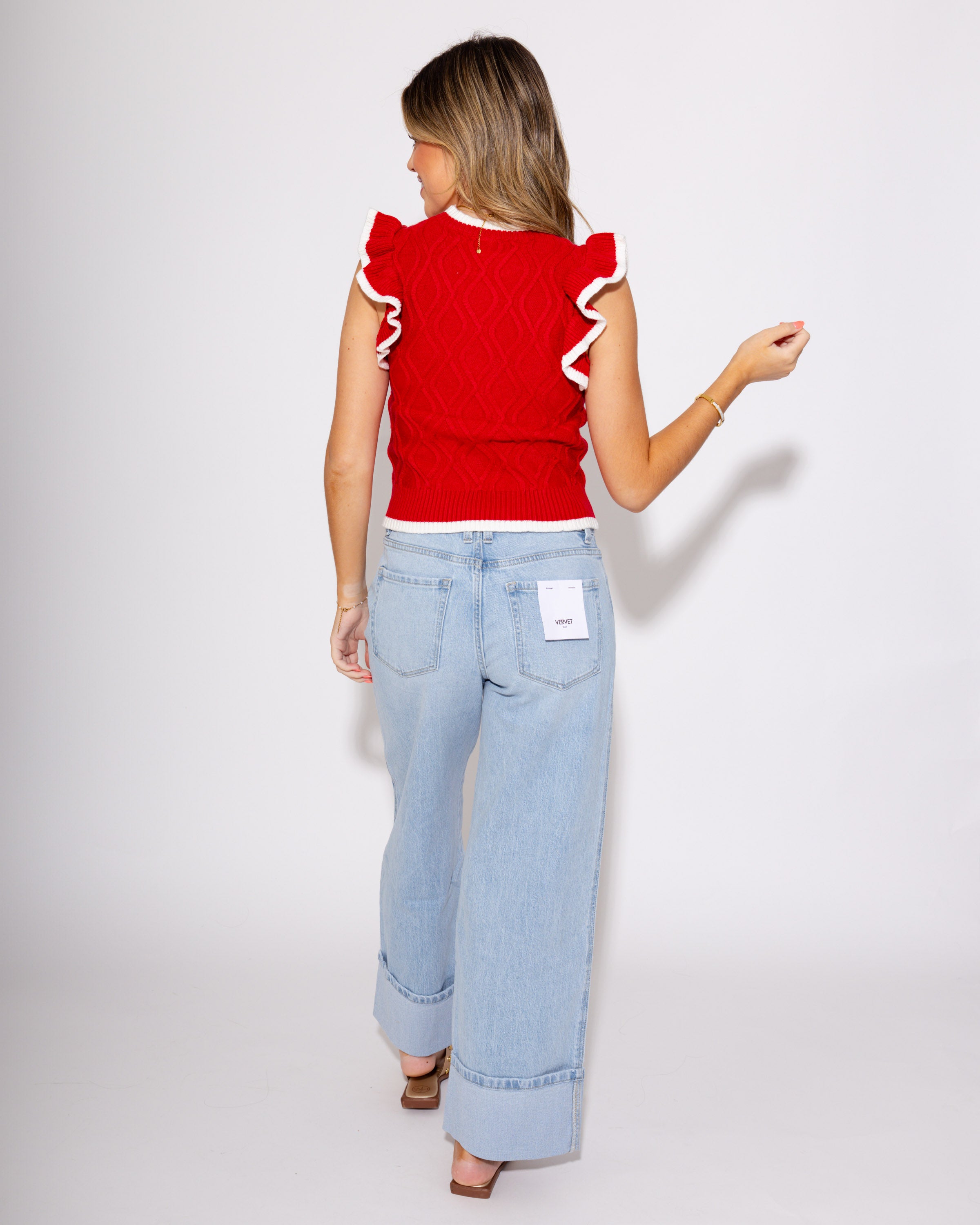 Contrast Ruffle Sleeve Cable Sweater Top in Red