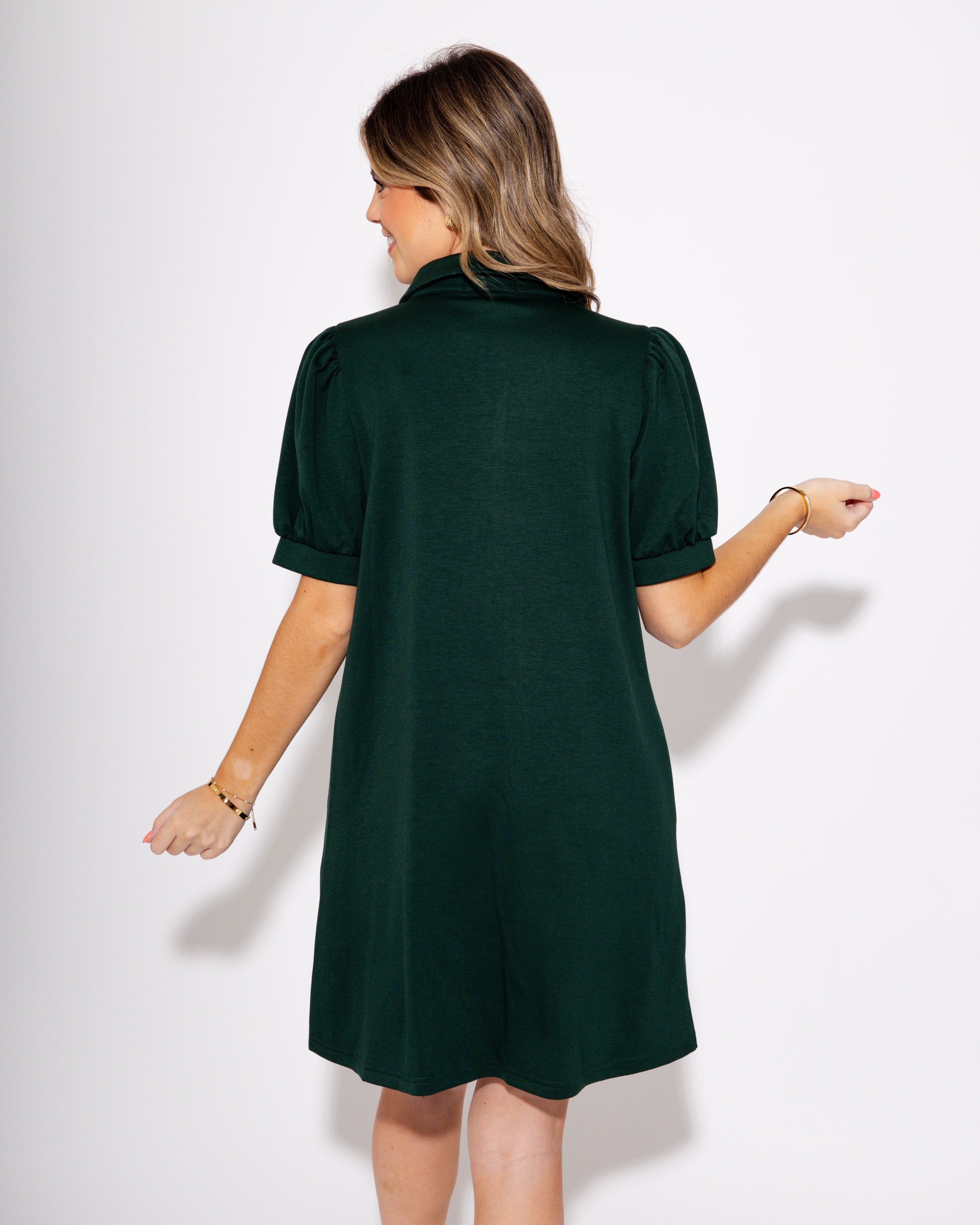 Hunter Green Lane Split Neck Short Sleeve Mini Dress