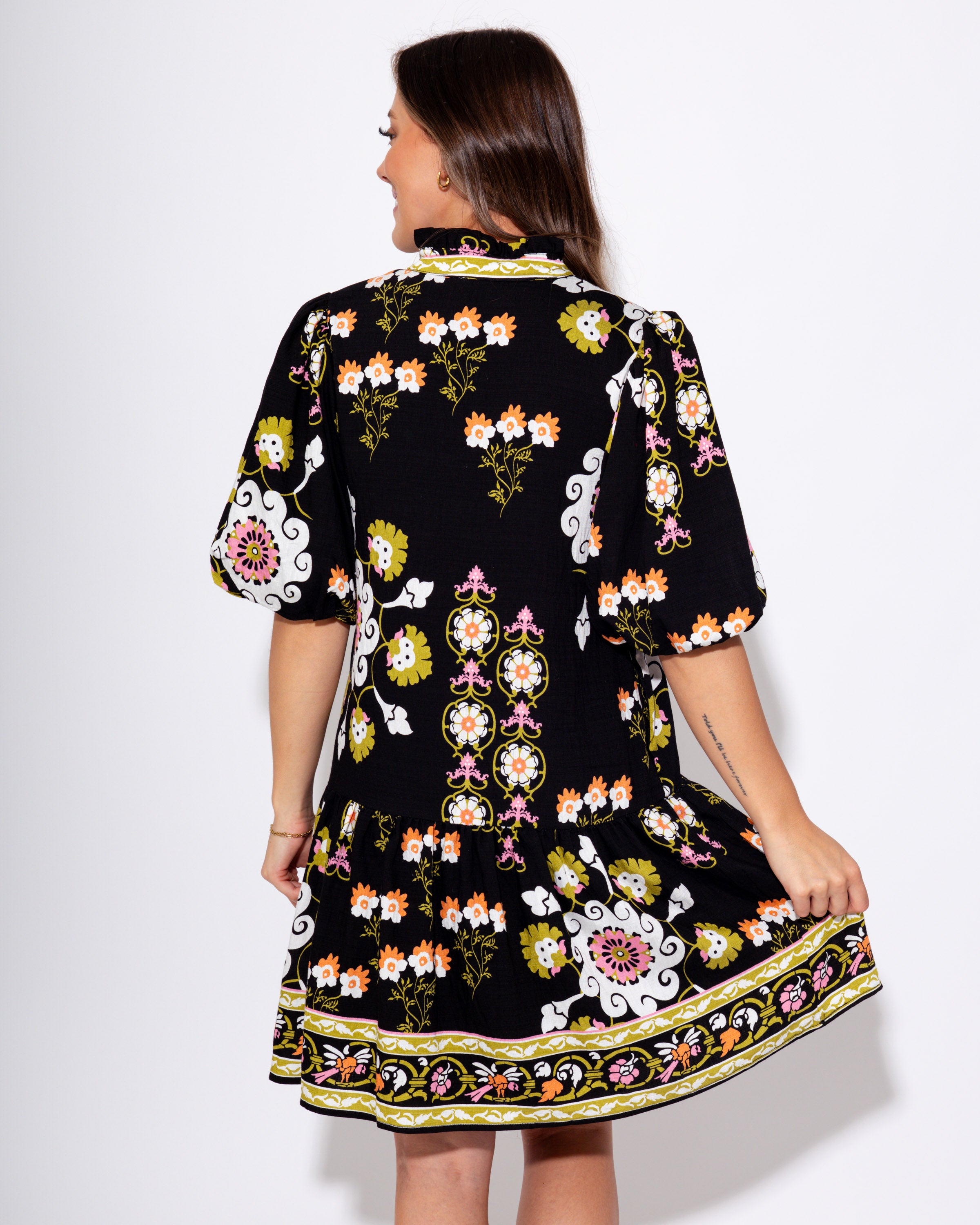 Midnight Blossom Puff Sleeve Dress