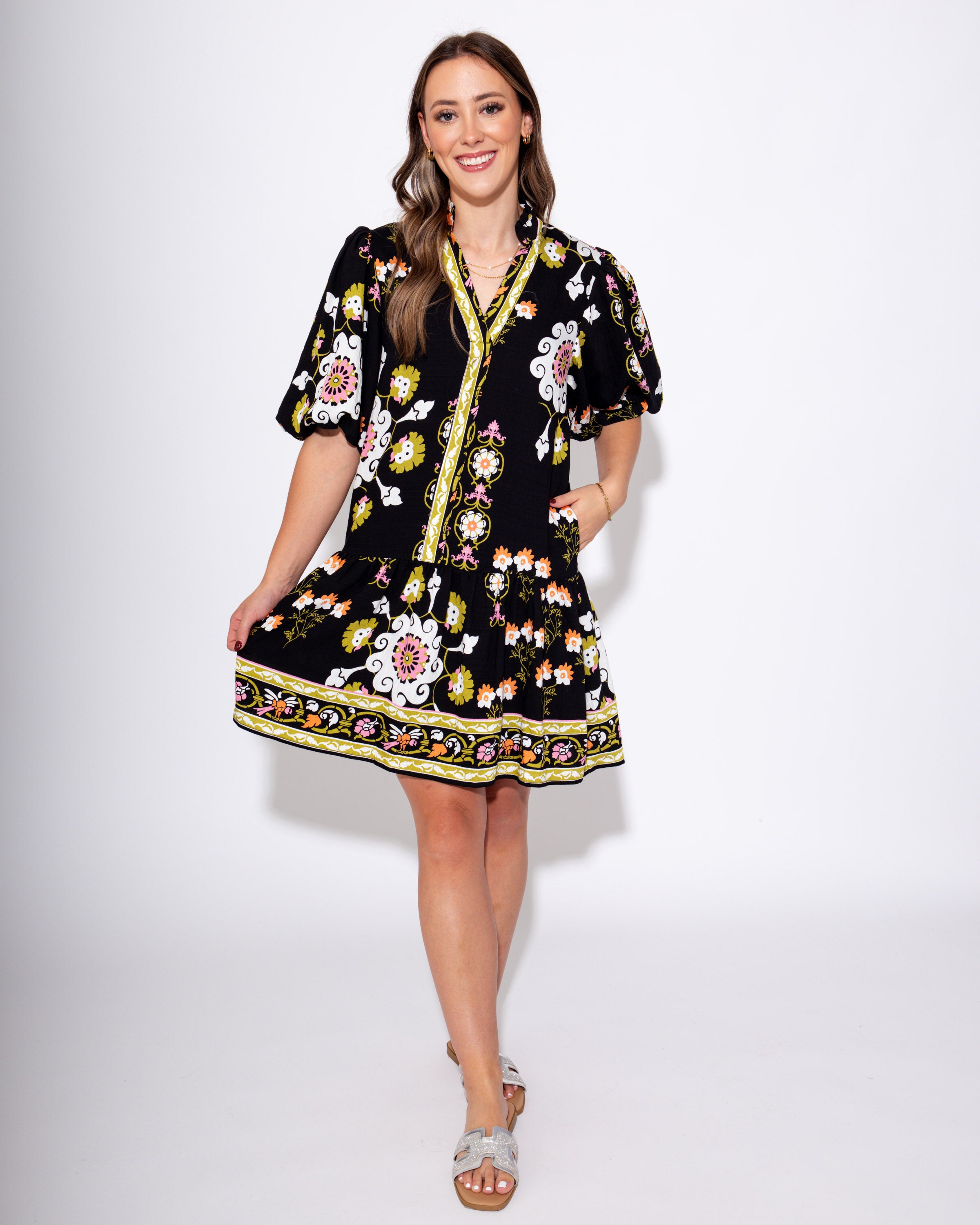 Midnight Blossom Puff Sleeve Dress