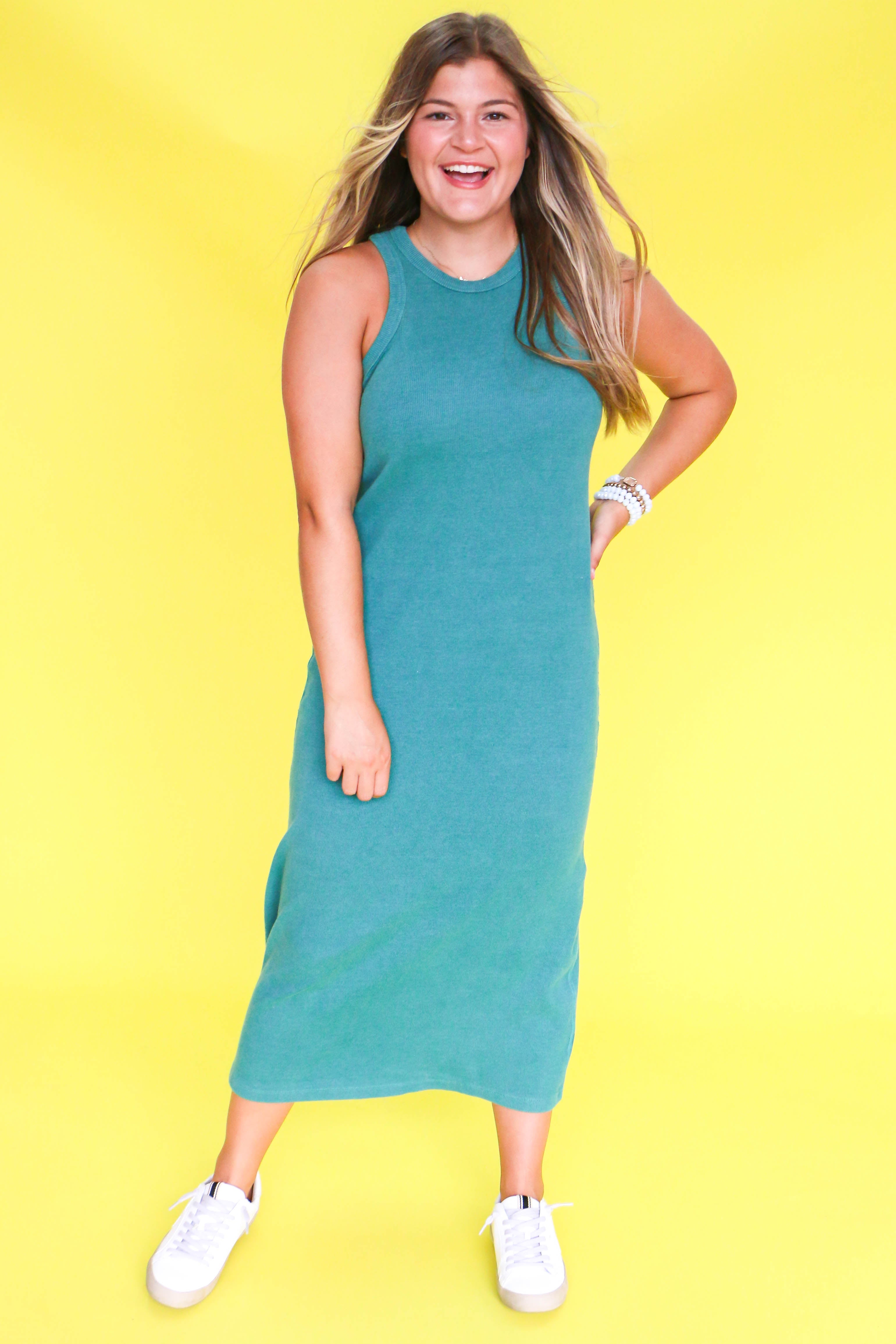 Sleeveless Ribbed Midi-Dress in Pine