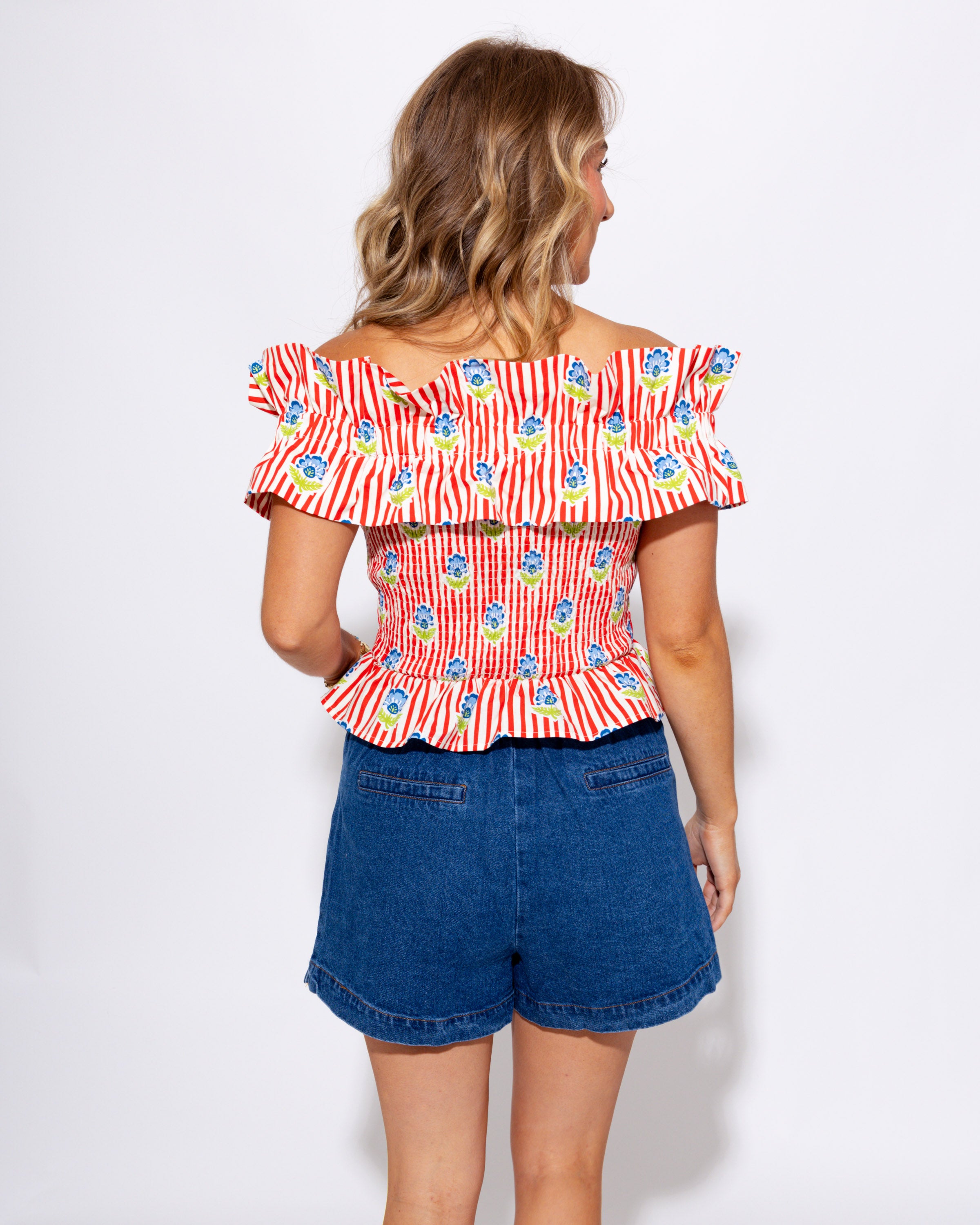 Floral Stripe Smocked Off Shoulder Top