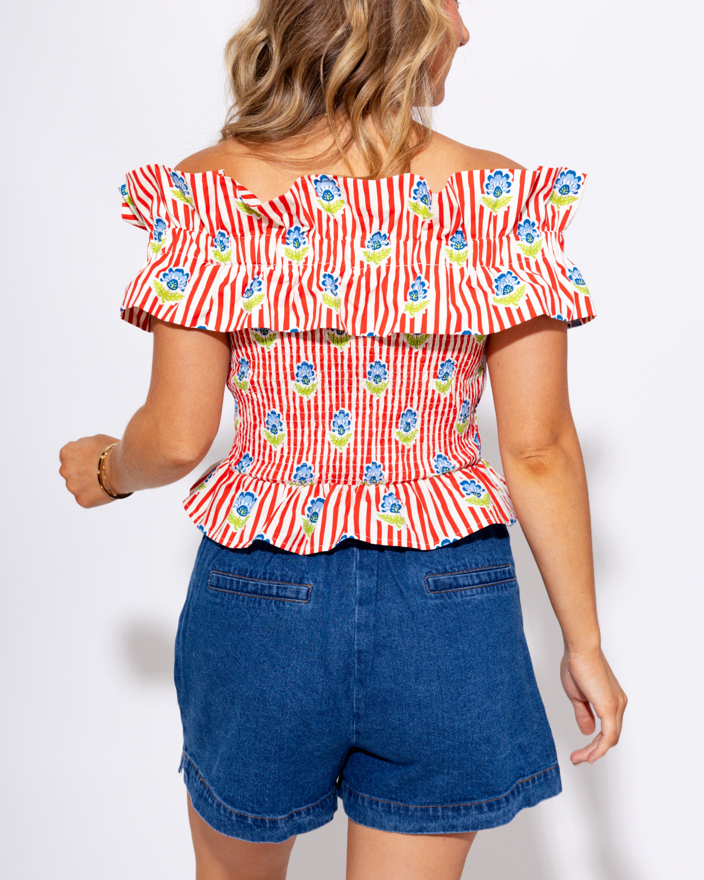 Floral Stripe Smocked Off Shoulder Top
