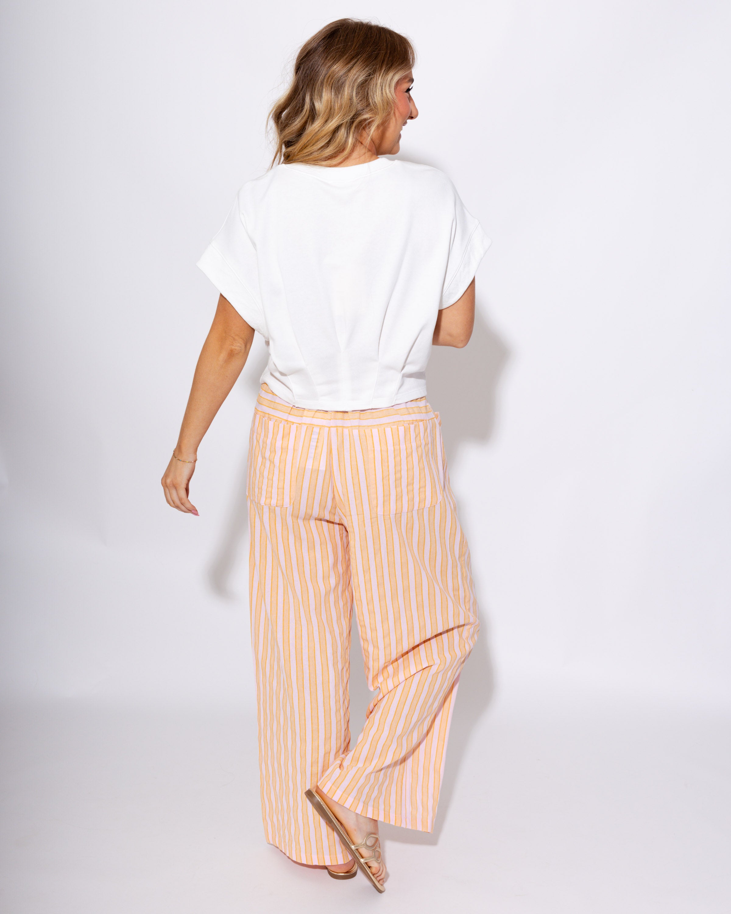 Peach Stripe Linen Drawstring Wide Leg Pants - GEEGEE - Gaudie & Co. Texas Boutique