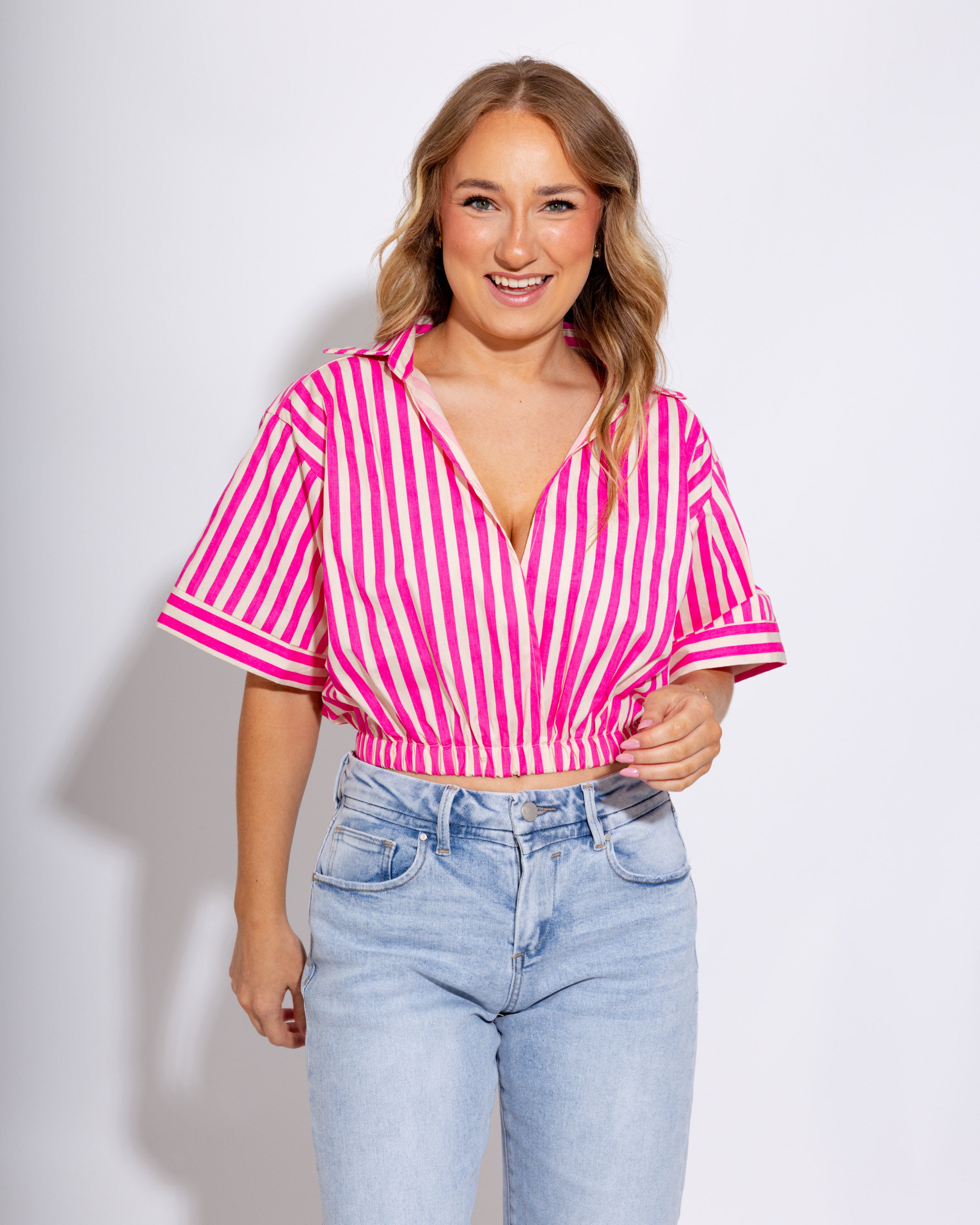 Hot Pink White Stripe Crop Top - Glam - Gaudie & Co. Southeast Texas Boutique