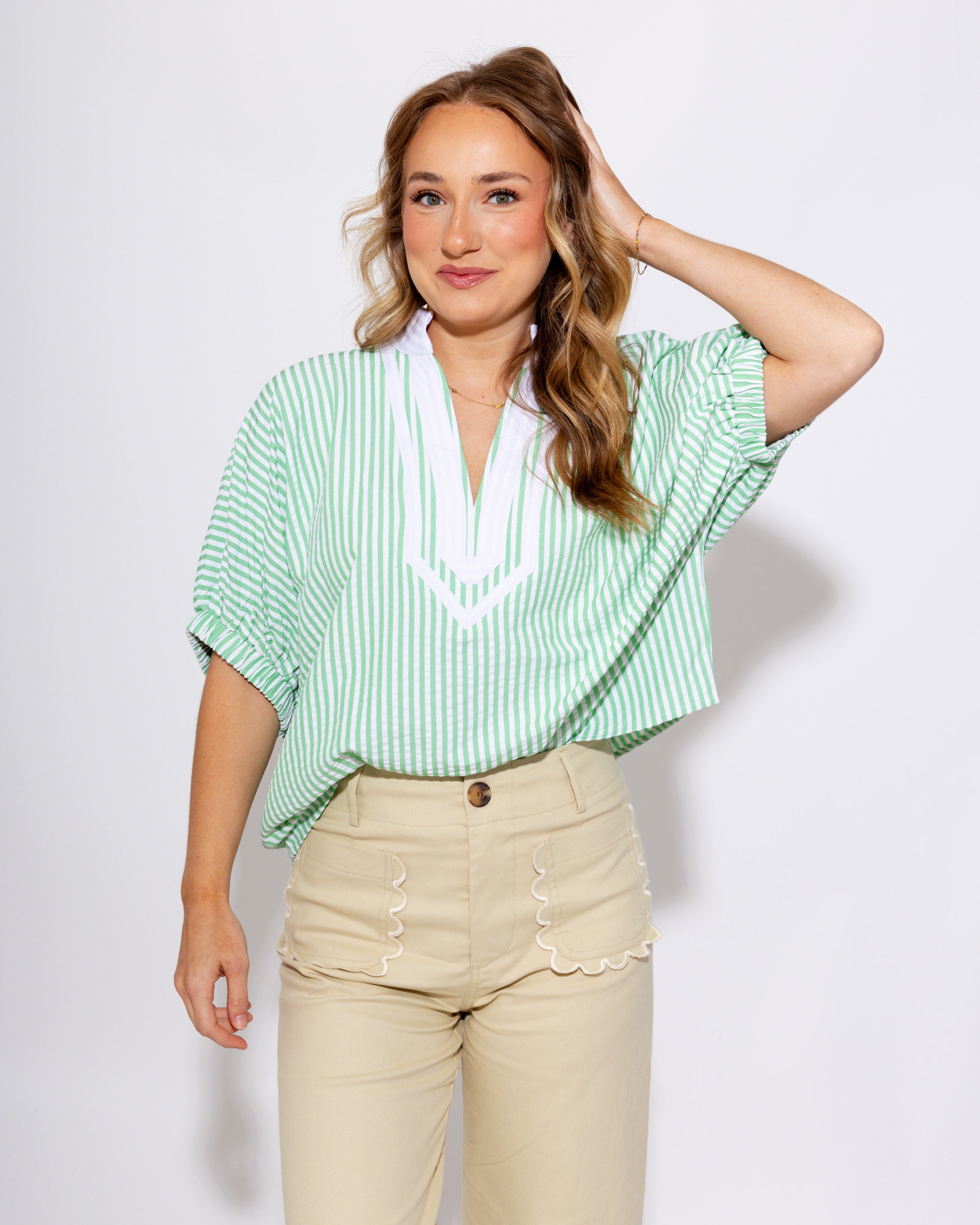 The Easy Contrast Stripe Top in Green