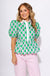 Pink Green Printed Puff Sleeve Peplum Top - Entro - Gaudie & Co. Texas Boutique