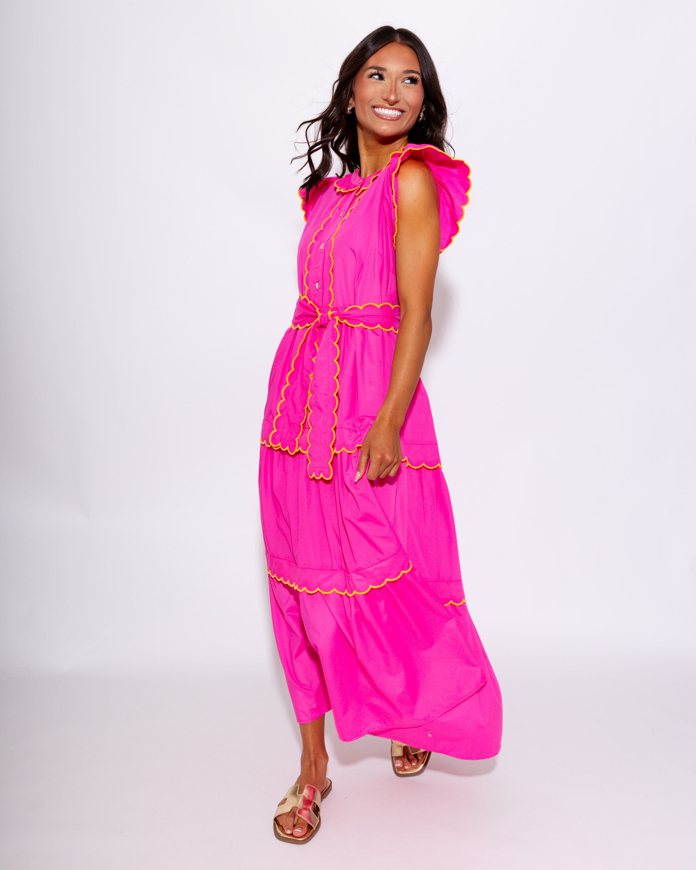 Scallop Trim Tiered Midi Dress