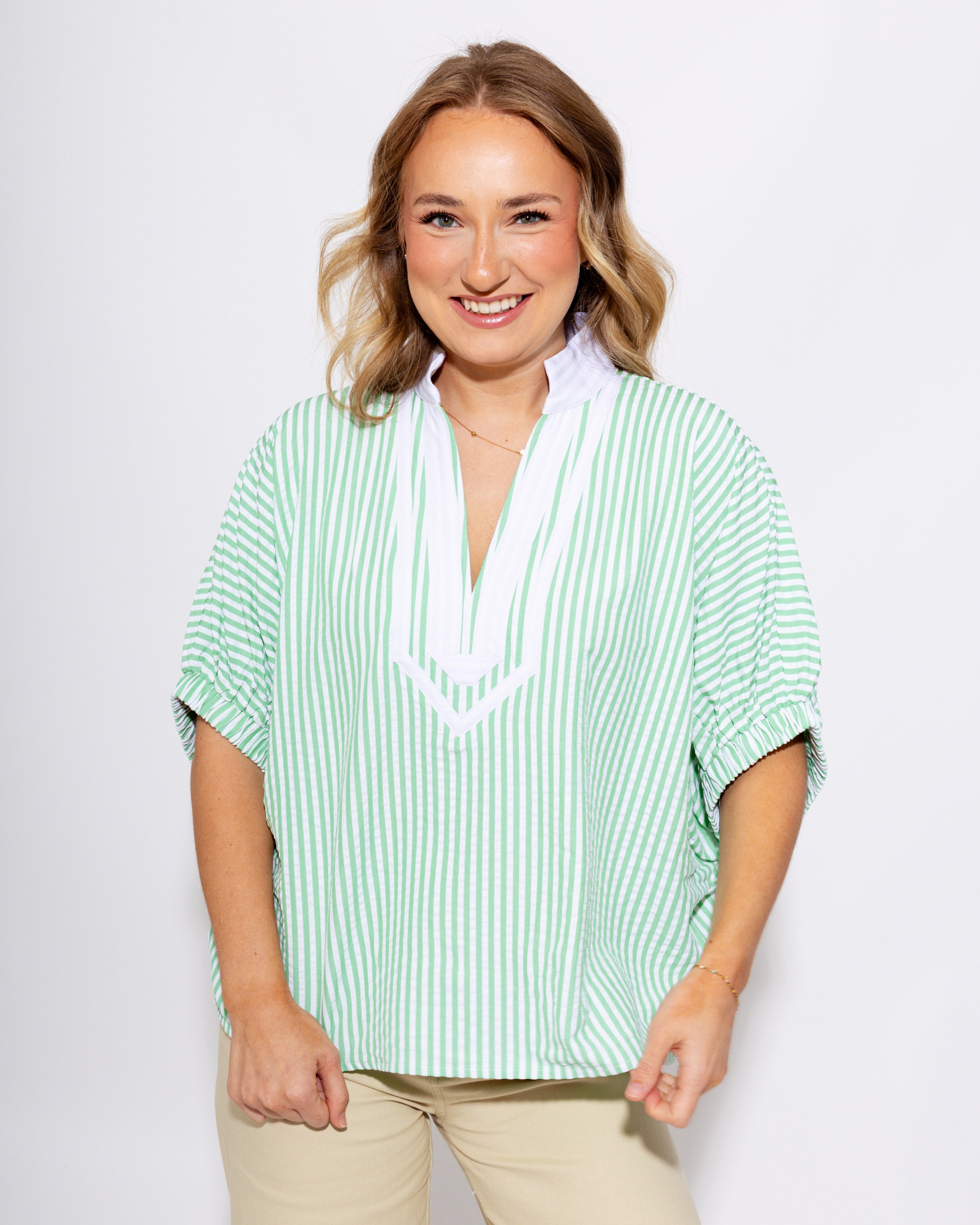 The Easy Contrast Stripe Top in Green