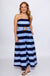 Navy stripe strapless midi dress with buckle contrast waistband and smocked back, 100% cotton summer dress at Gaudie & Co