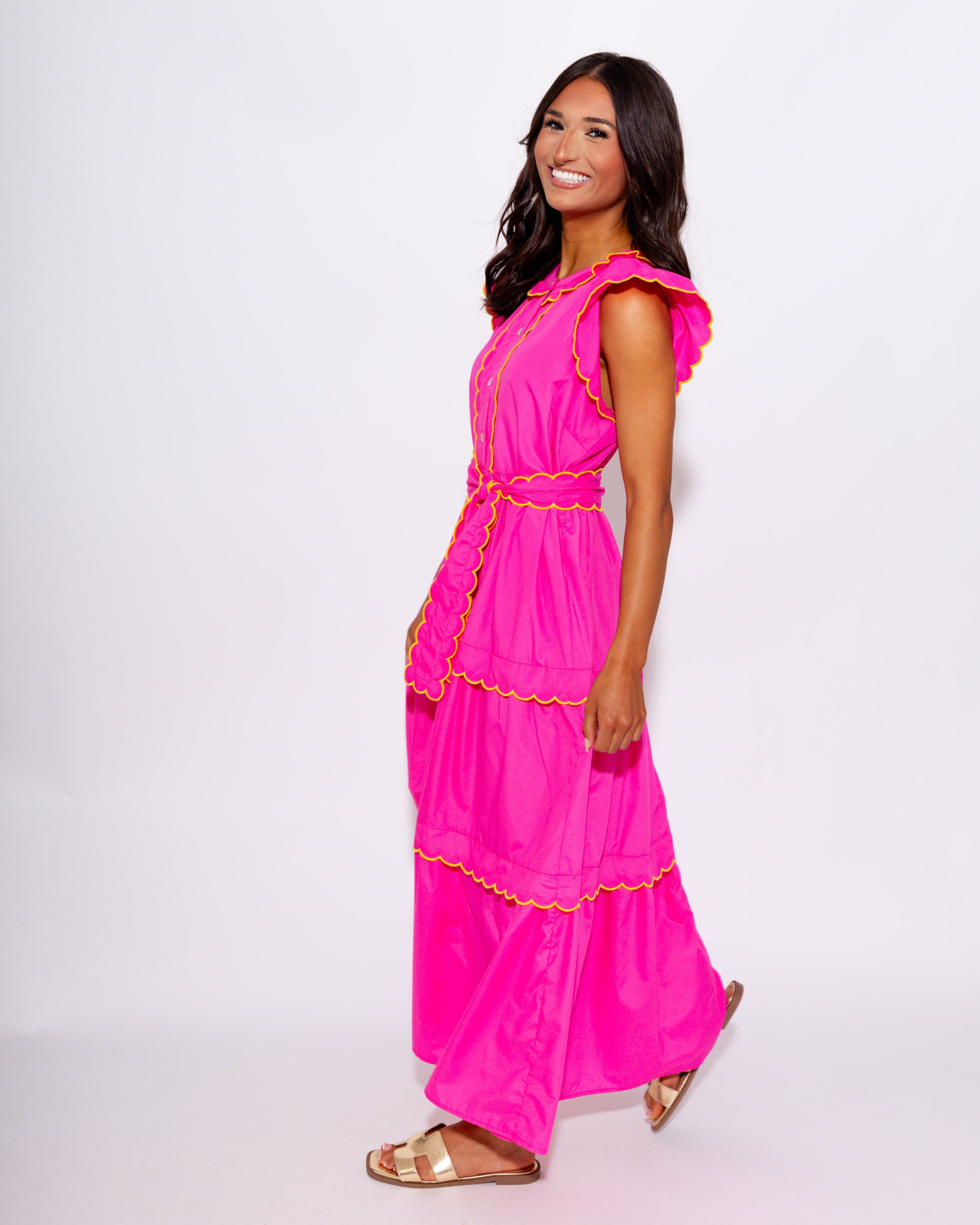 Scallop Trim Tiered Midi Dress