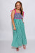 Colorblock gingham midi dress with black gingham bodice, green gingham skirt, and hot pink contrast waist detail, women's boutique dress at Gaudie & Co