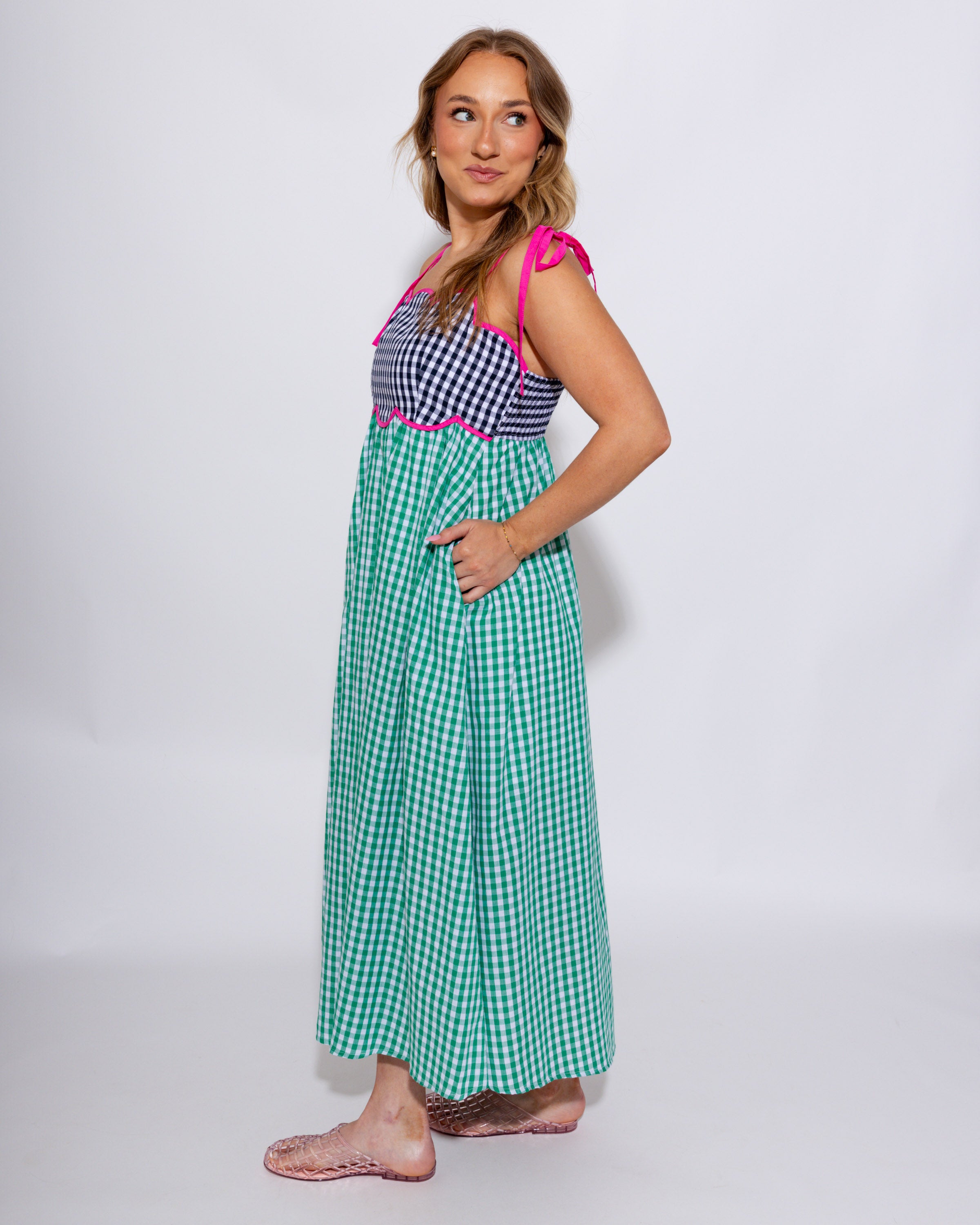 Colorblock Gingham Midi Dress
