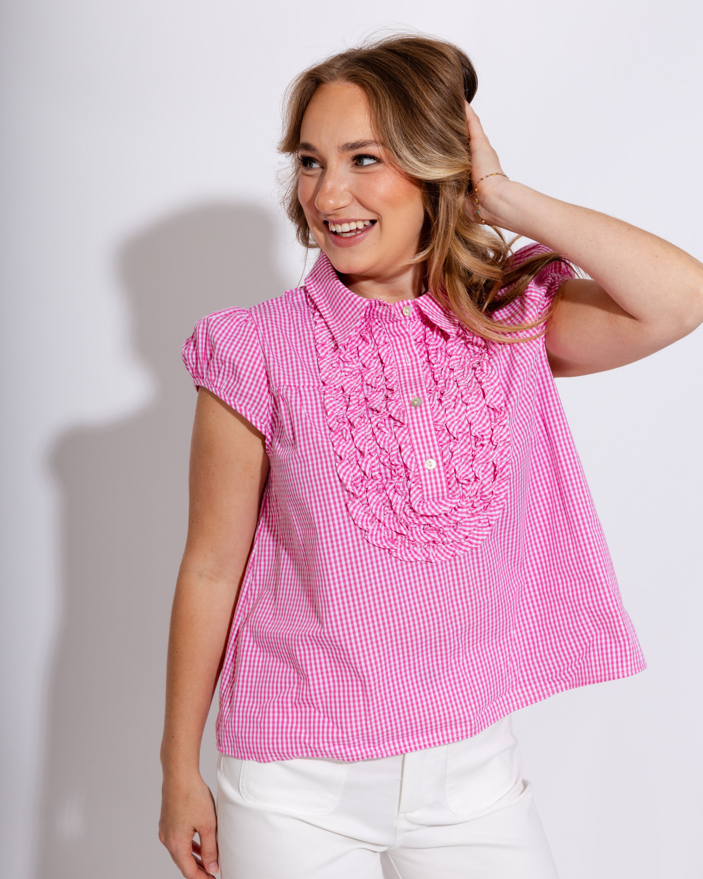 Pink Gingham Ruffle Puff Sleeve Top