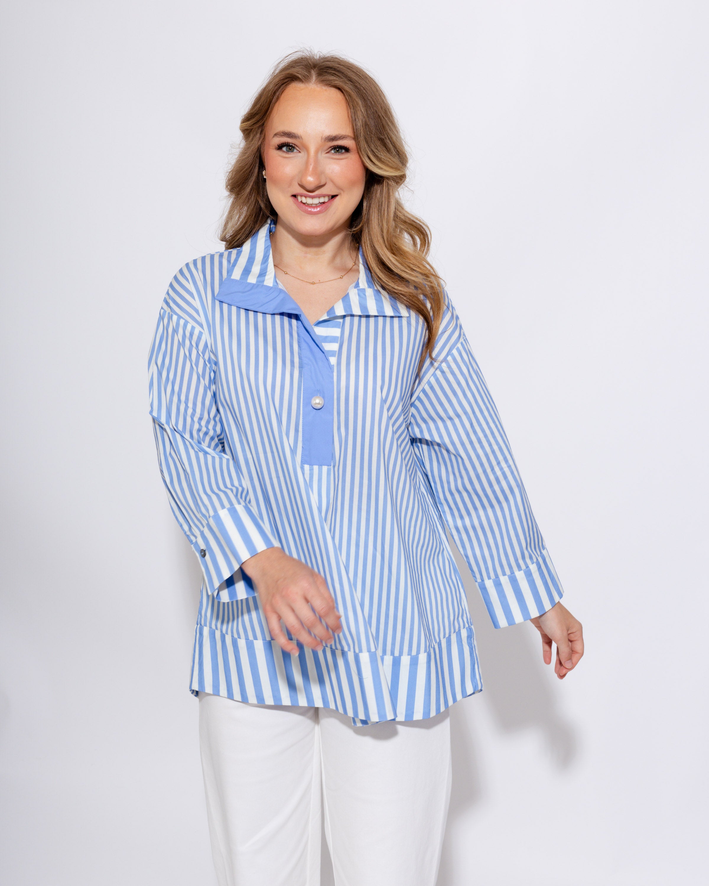 Striped Pearl Accent Button Top