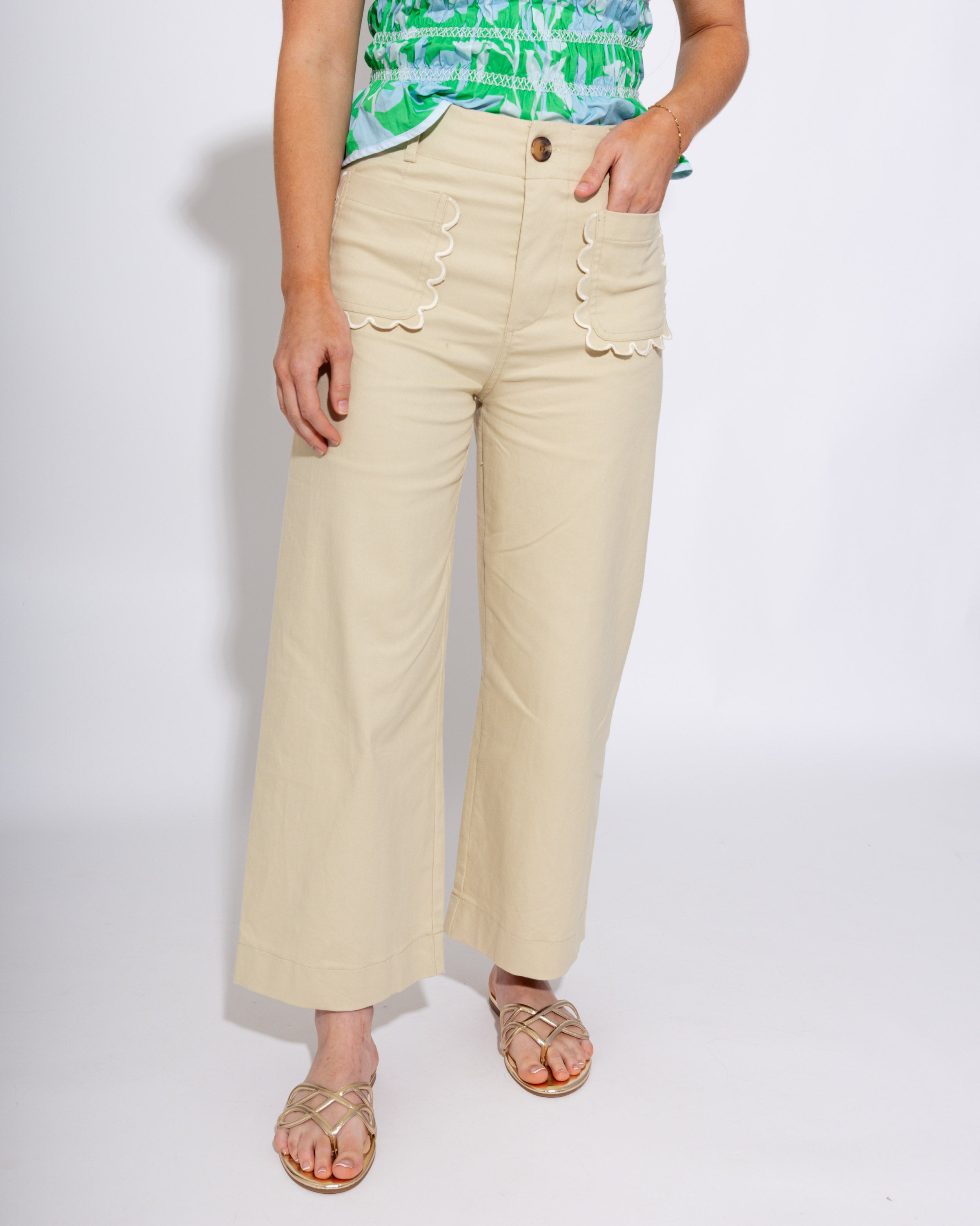 Cropped Wide-leg Scallop Detail Pants