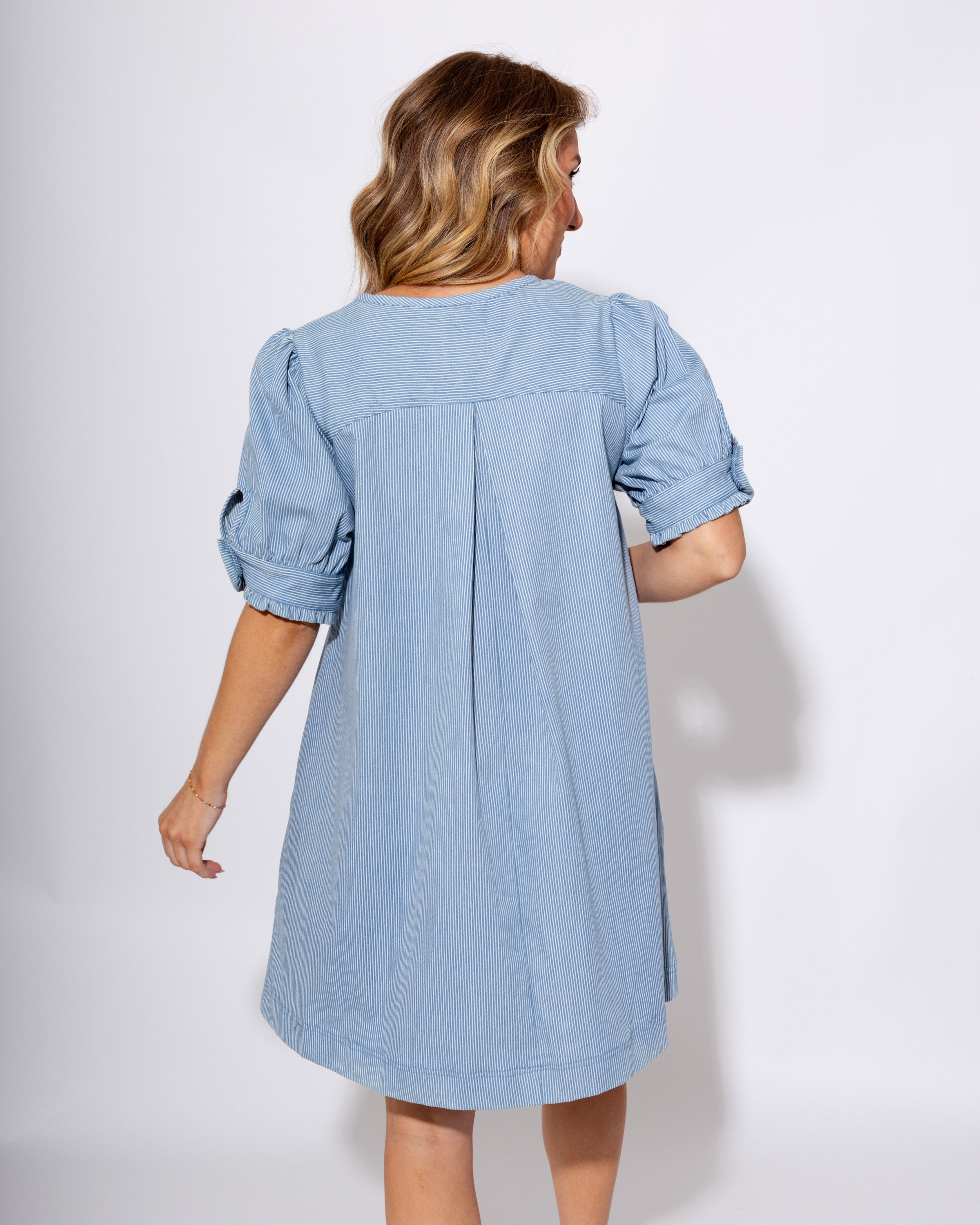 Denim Pinstripe Puff Sleeve Mini Dress - Umgee - Gaudie & Co. Nederland TX Boutique