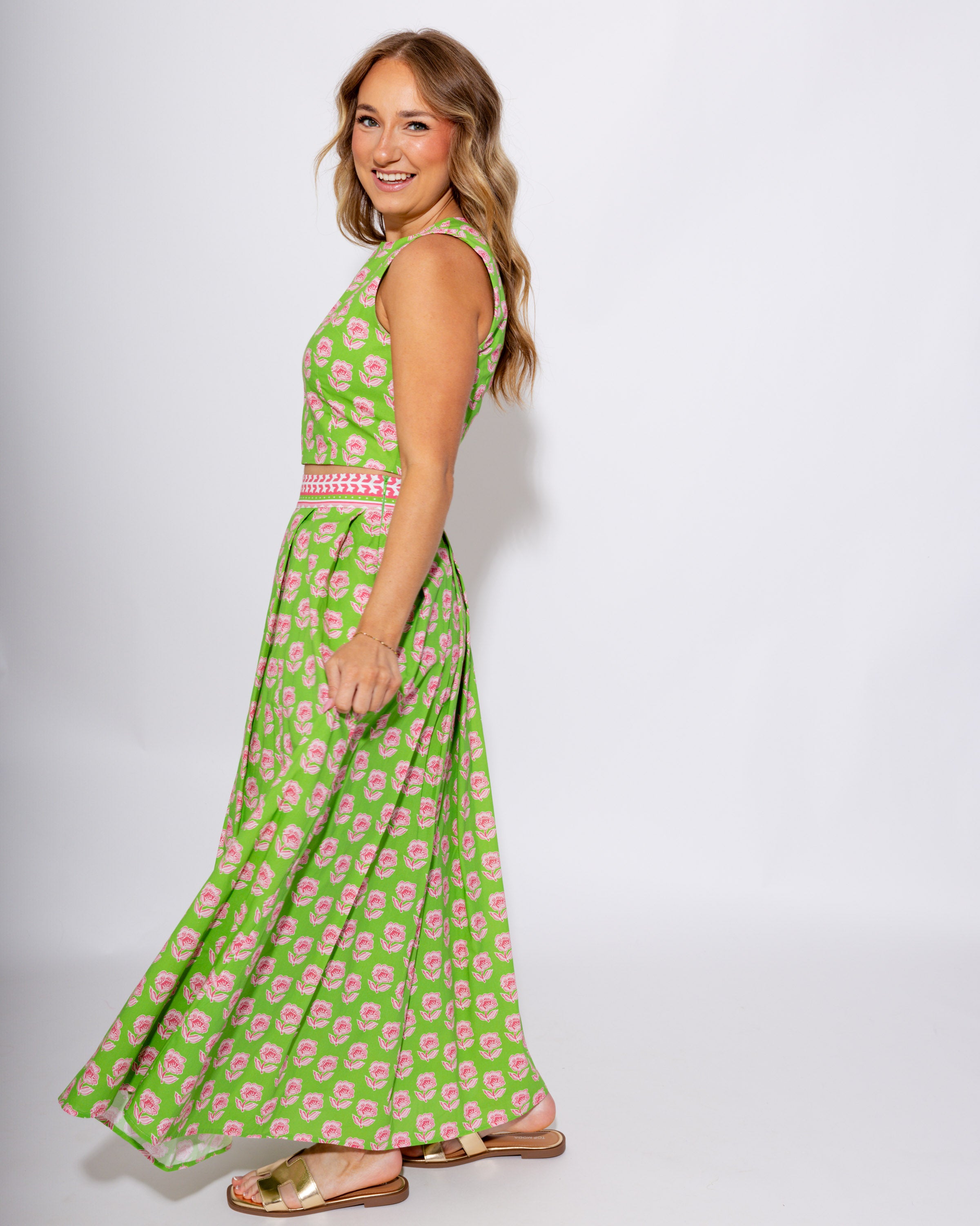 Green Floral Crop Top Midi Skirt Set - Pretty Follies - Gaudie & Co. Texas Boutique
