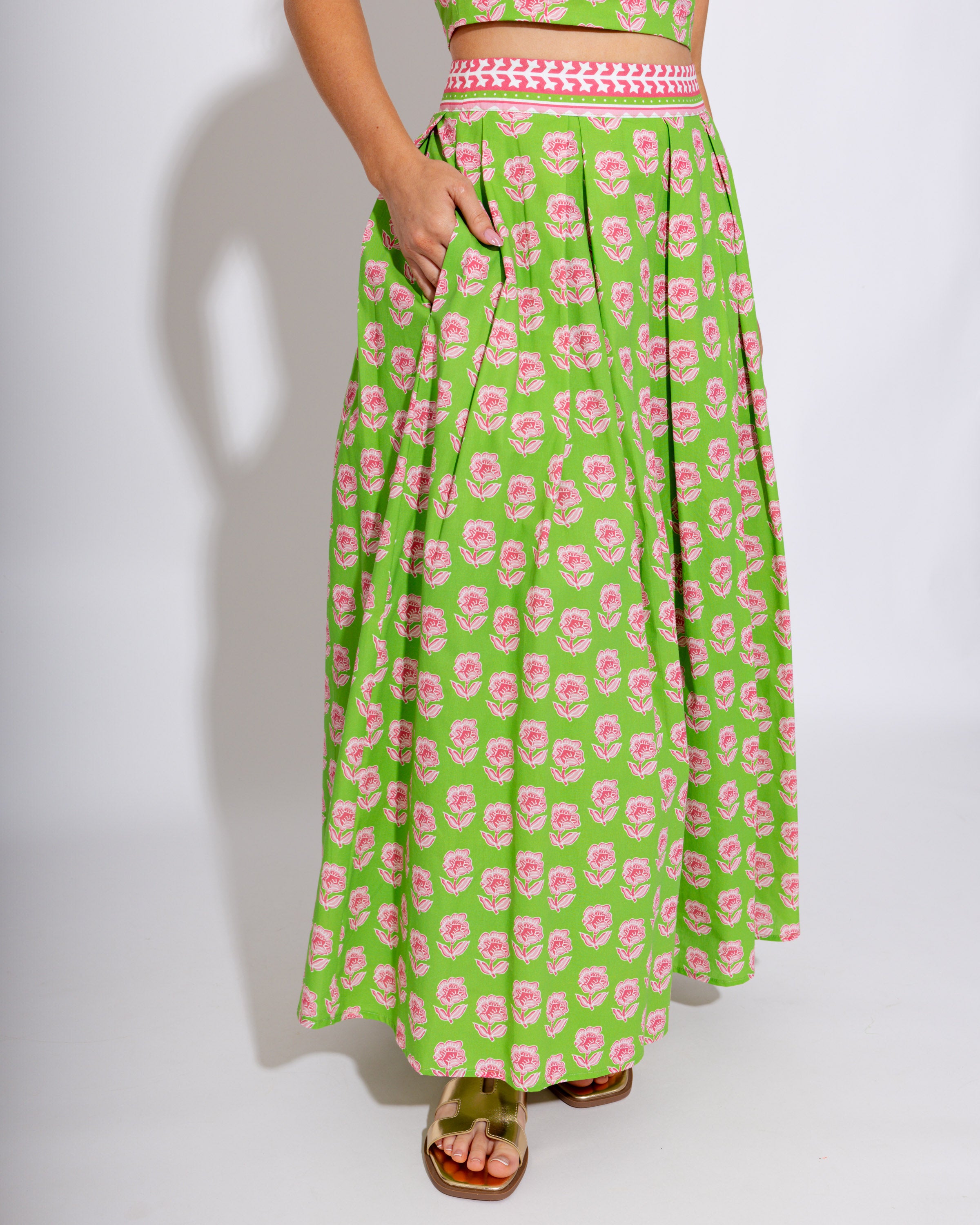 Green Floral Crop Top Midi Skirt Set - Pretty Follies - Gaudie & Co. Texas Boutique