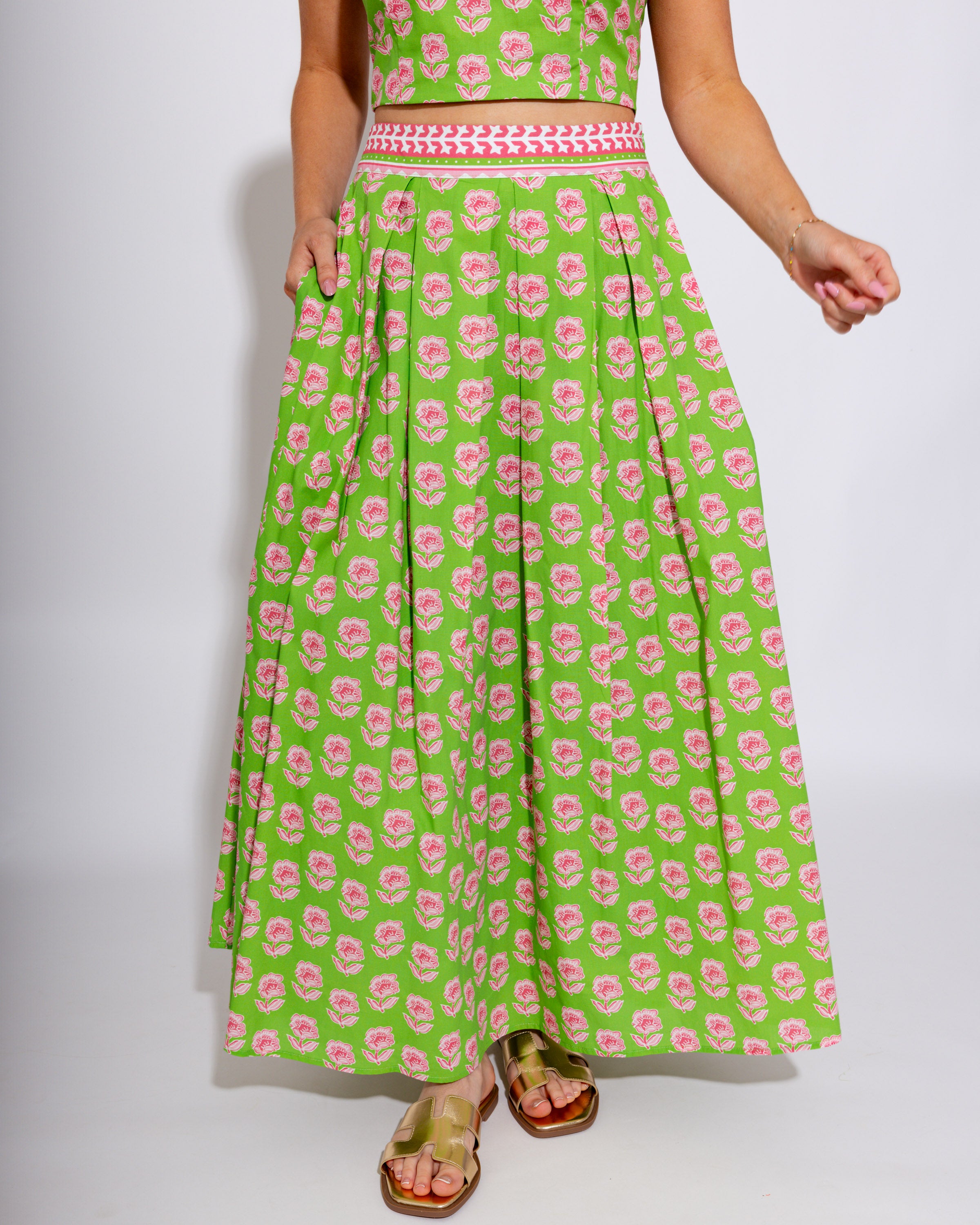 Green Floral Crop Top Midi Skirt Set - Pretty Follies - Gaudie & Co. Texas Boutique