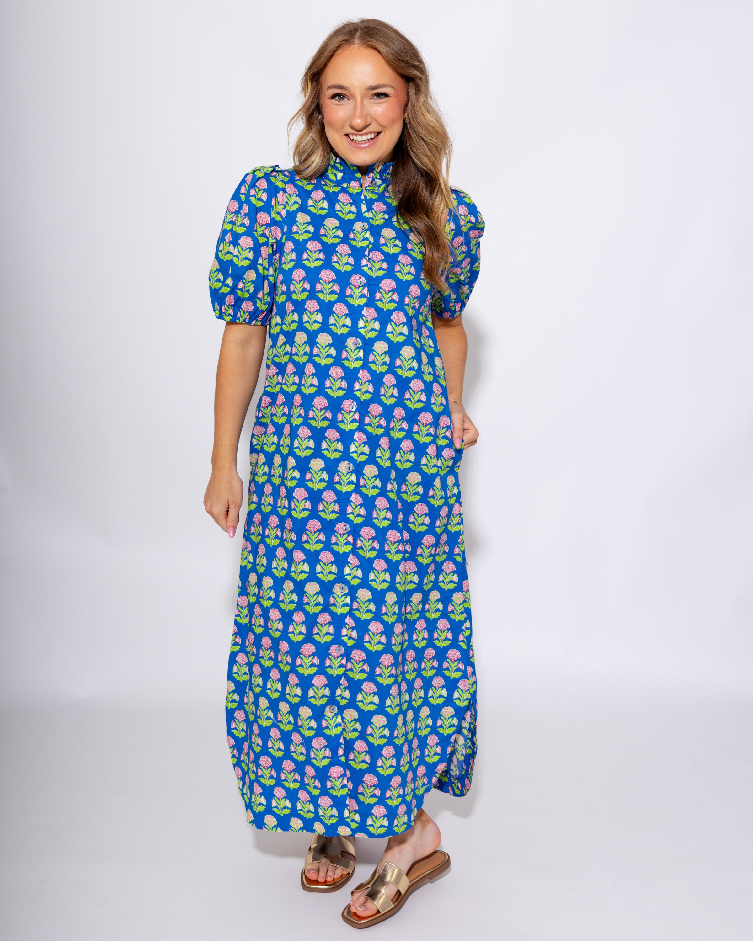 Blue Botanical Puff Sleeve Floral Midi Dress - Entro - Gaudie & Co. Southeast Texas Boutique