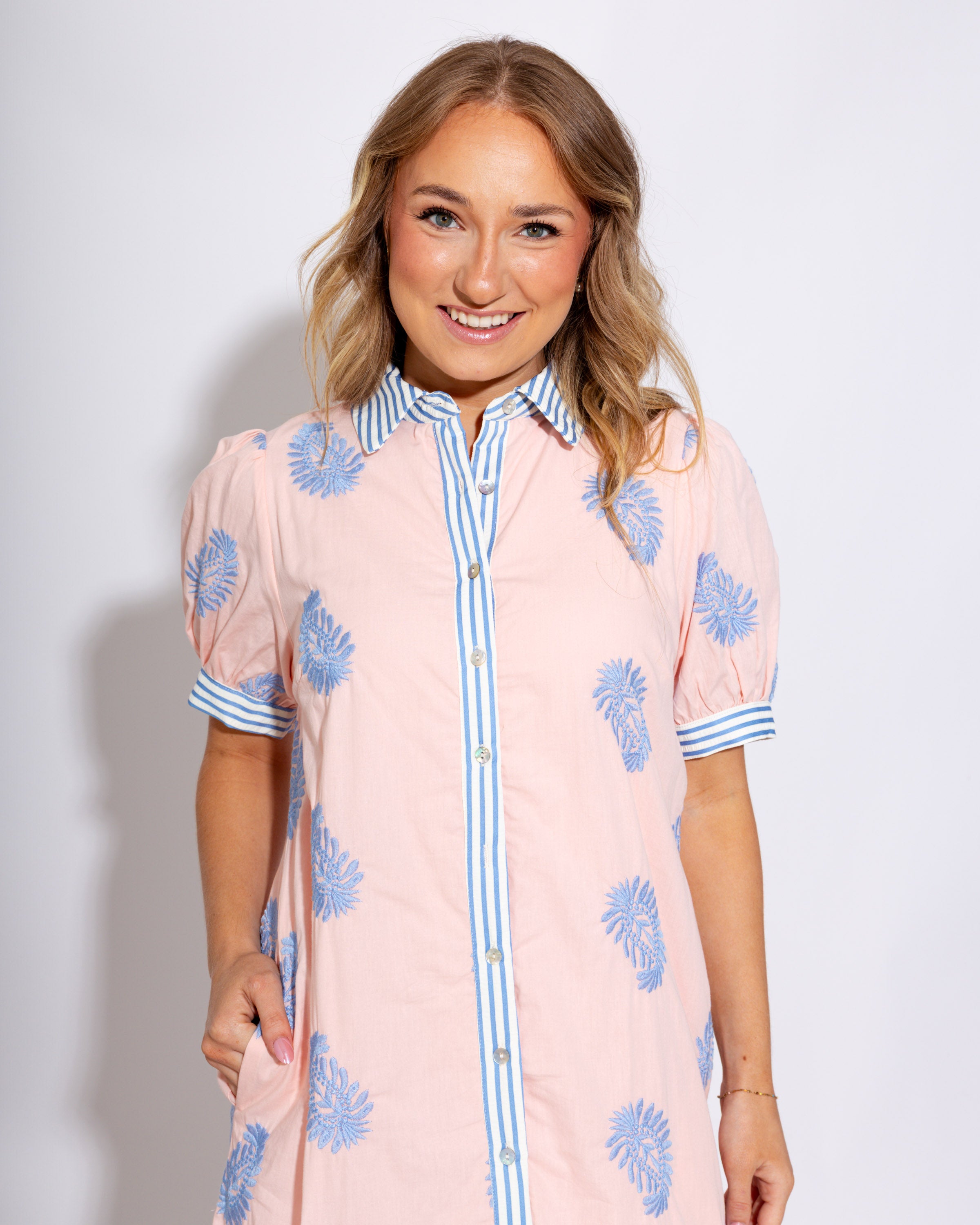 Blush Embroidered Puff Sleeve Midi Dress - Entro - Gaudie & Co. Texas Boutique
