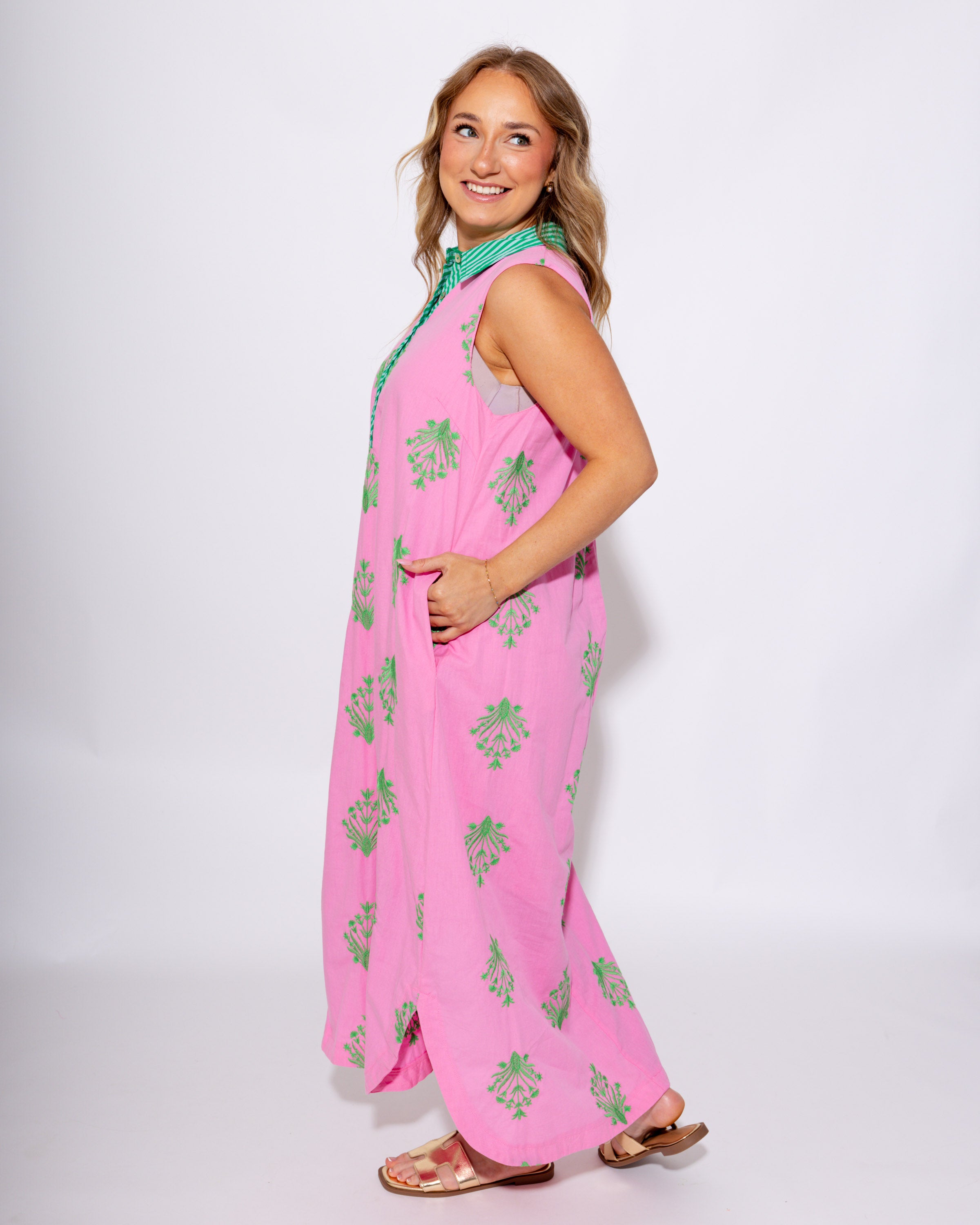 Bloom & Stripe Embroidered Midi Dress