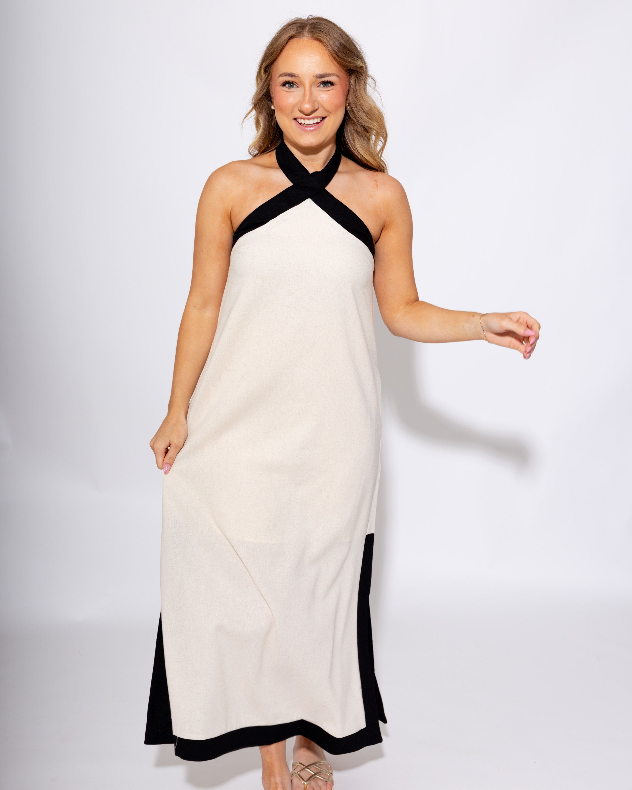Contrast Cross Halter Midi Dress Summer - Entro - Gaudie & Co. Southeast Texas Boutique
