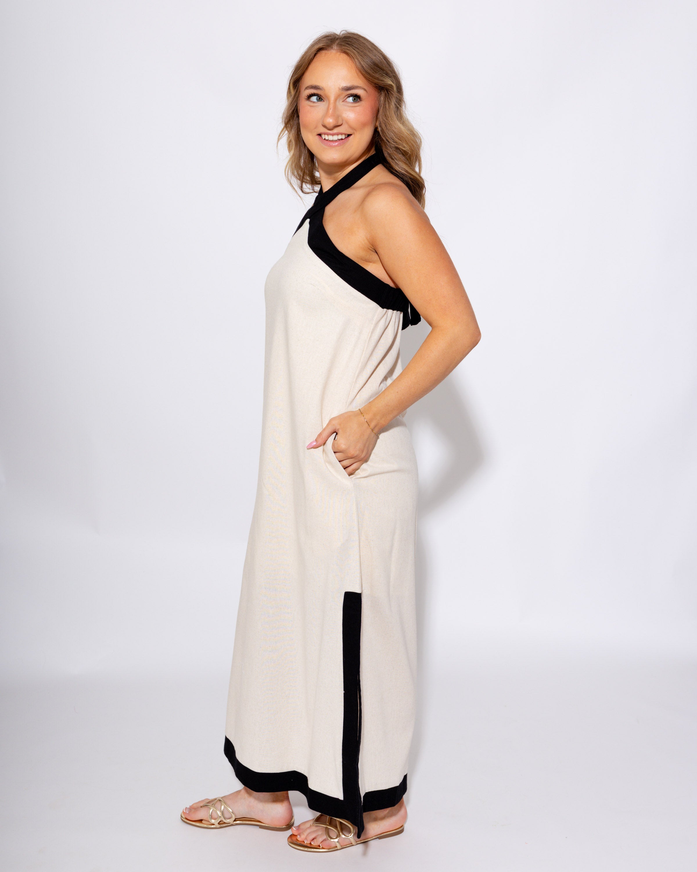 Contrast Cross Halter Midi Dress Summer - Entro - Gaudie & Co. Southeast Texas Boutique