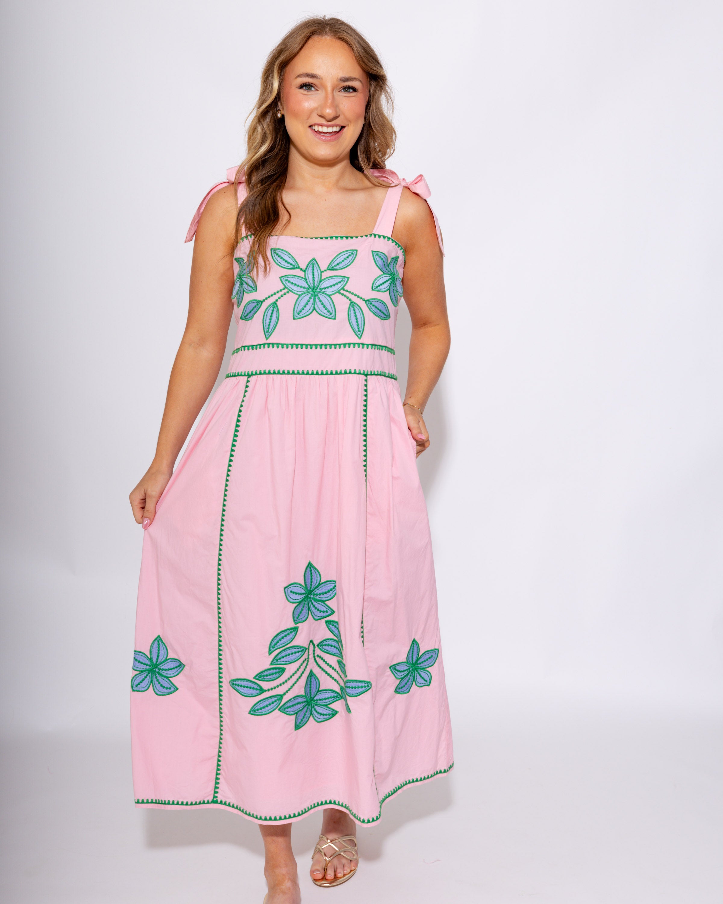 Embroidered Tie Strap Flowing Midi Dress - THML - Gaudie & Co. Texas Boutique