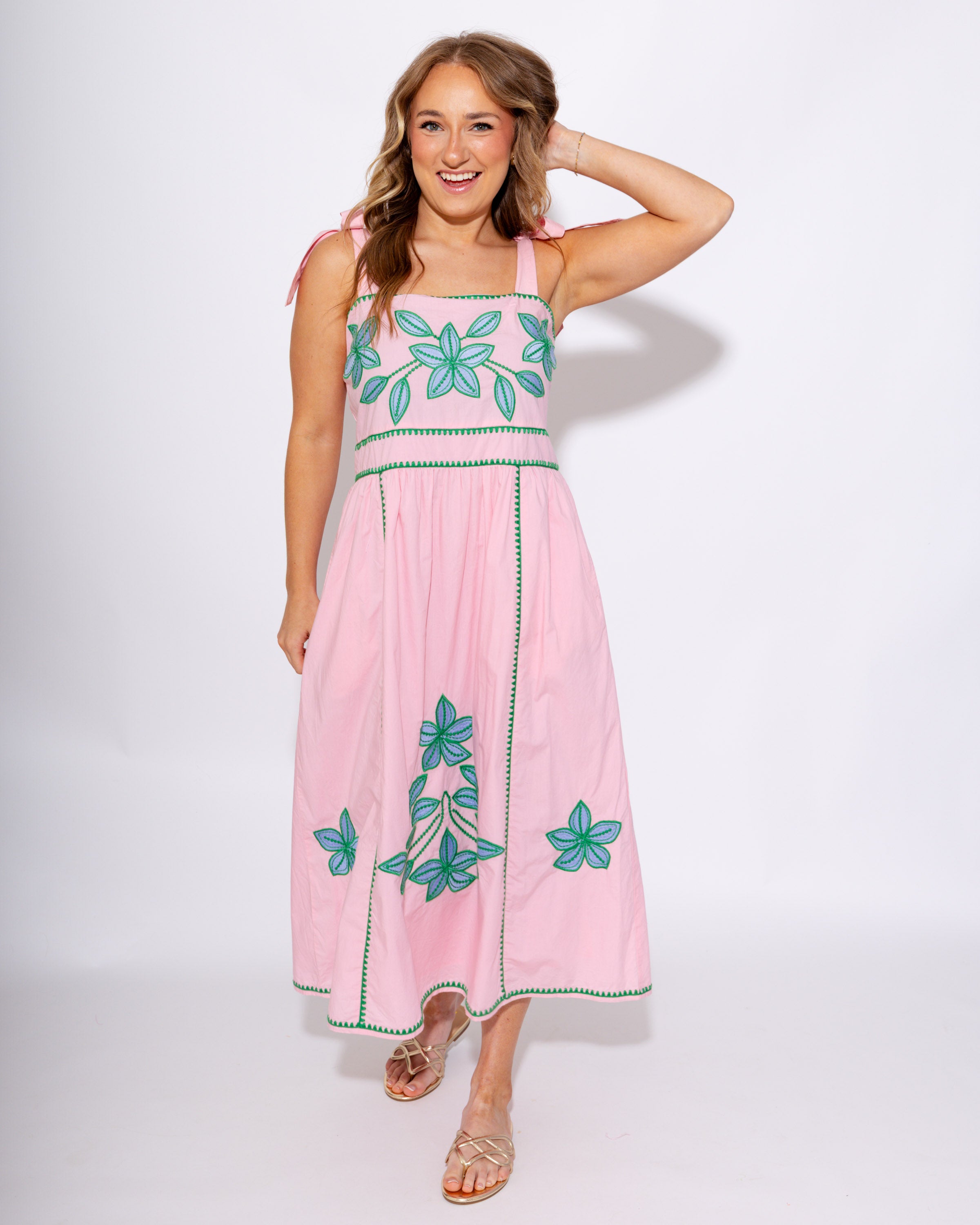 Embroidered Tie Strap Flowing Midi Dress - THML - Gaudie & Co. Texas Boutique