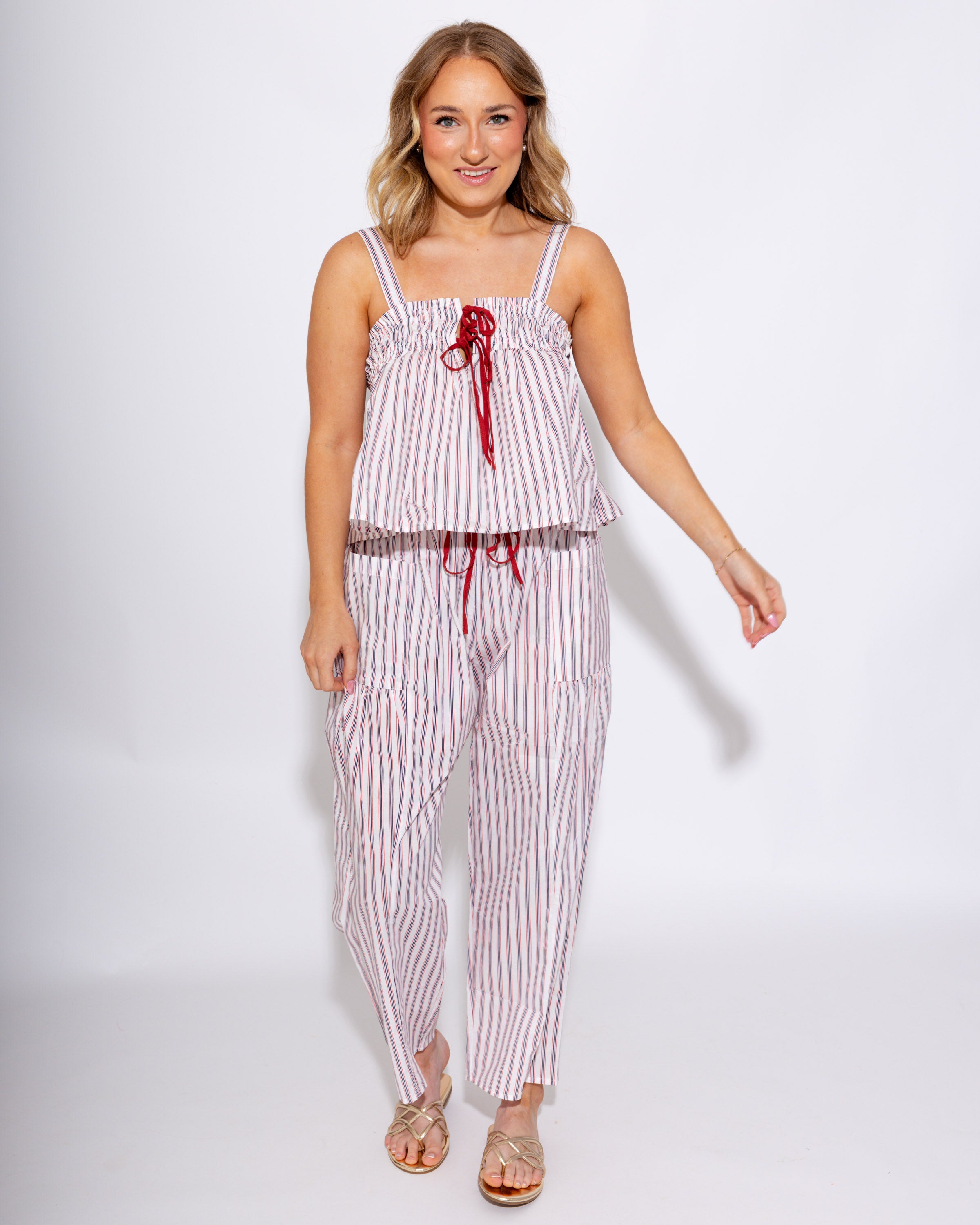 Navy White Stripe Tie Front Tank Pant Set - Bucketlist - Gaudie & Co. Texas Boutique
