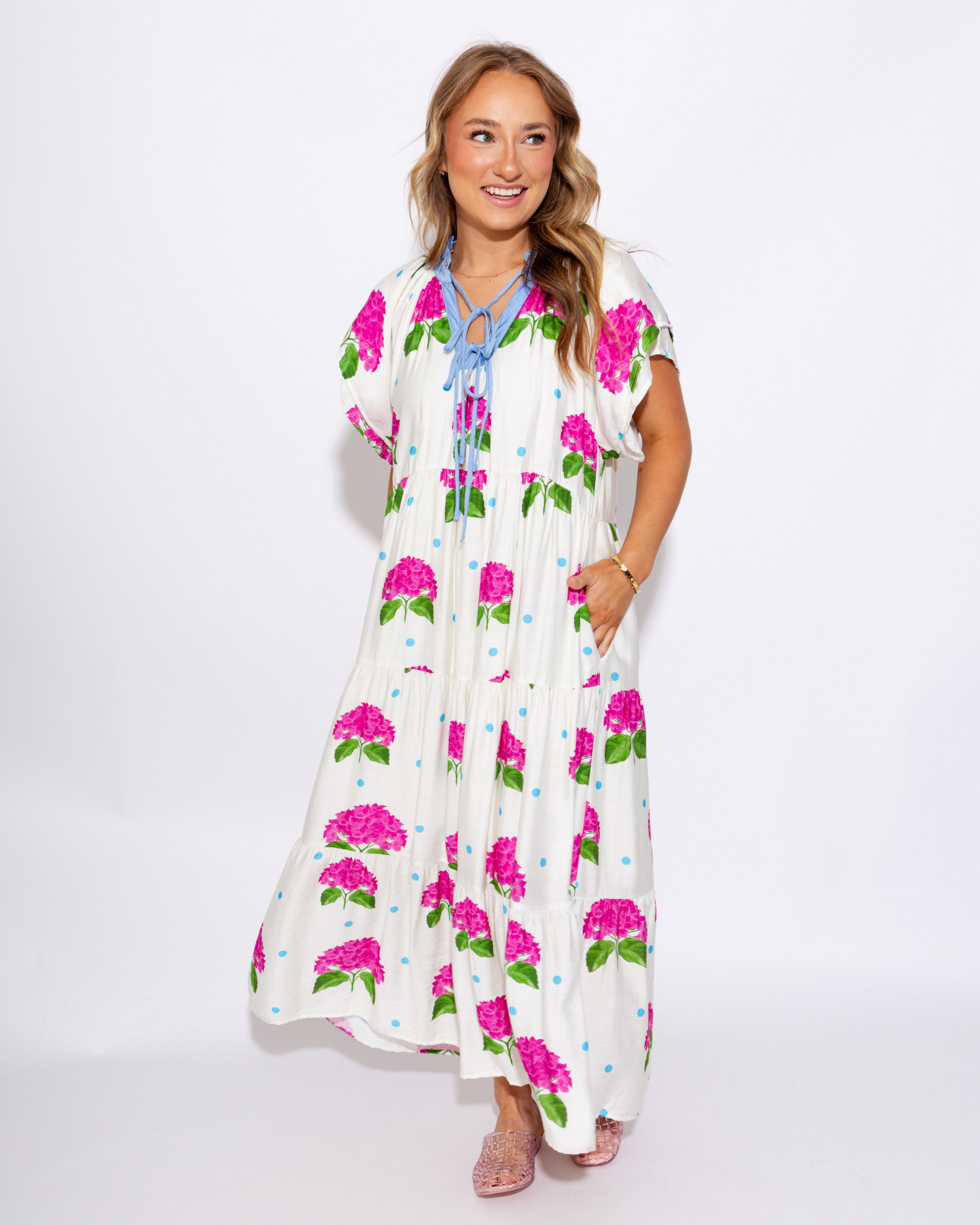 Hydrangea Print Tiered Midi Dress