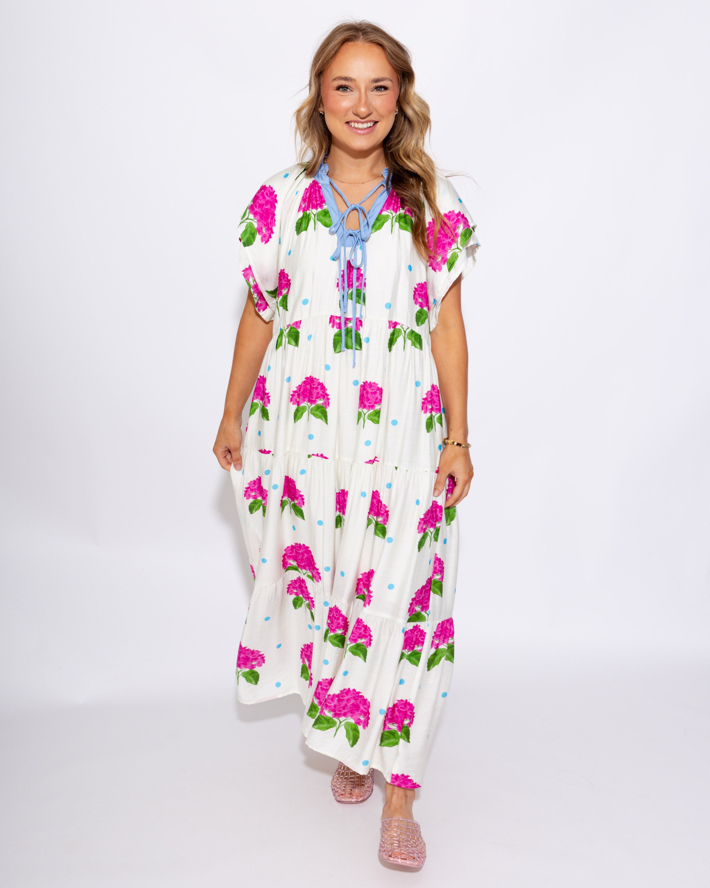 Hydrangea Print Tiered Midi Dress