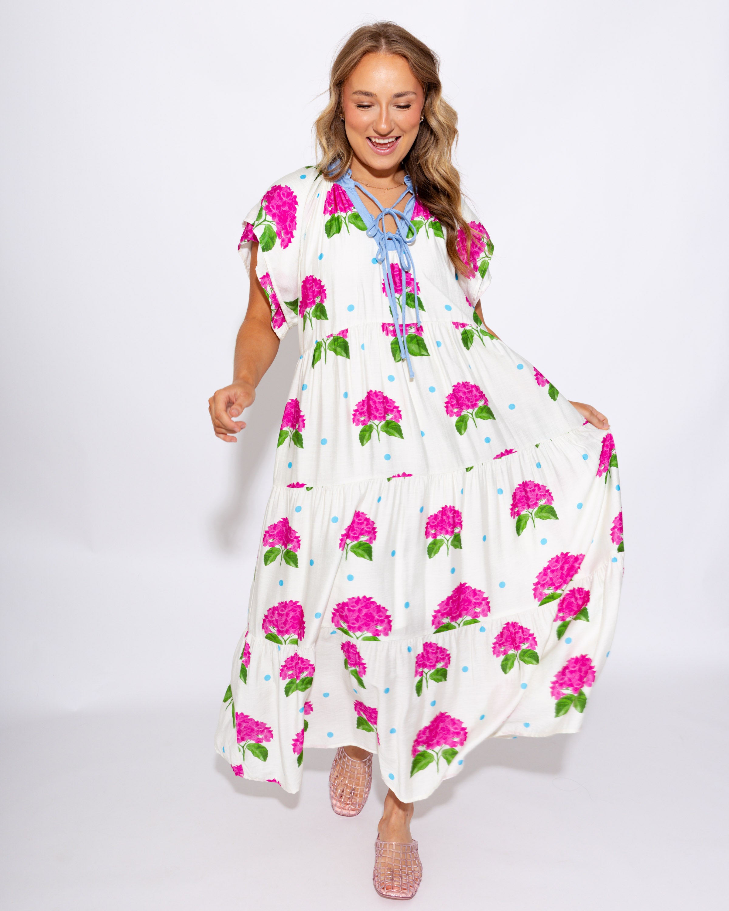 Hydrangea Print Tiered Midi Dress