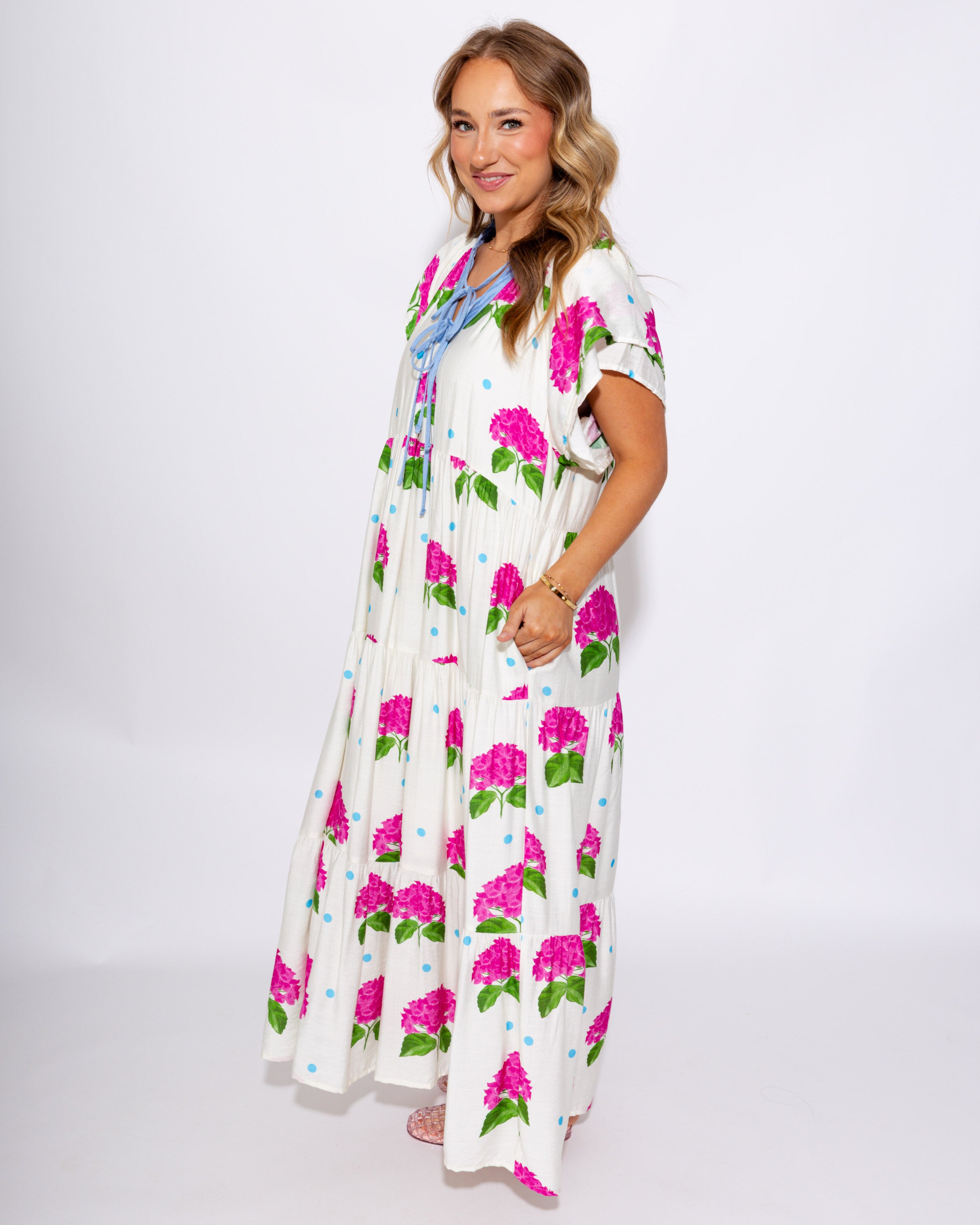 Hydrangea Print Tiered Midi Dress