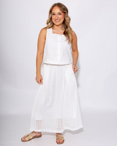 Off White Eyelet Crop Top Midi Skirt Set - Entro - Gaudie & Co. Nederland TX Boutique